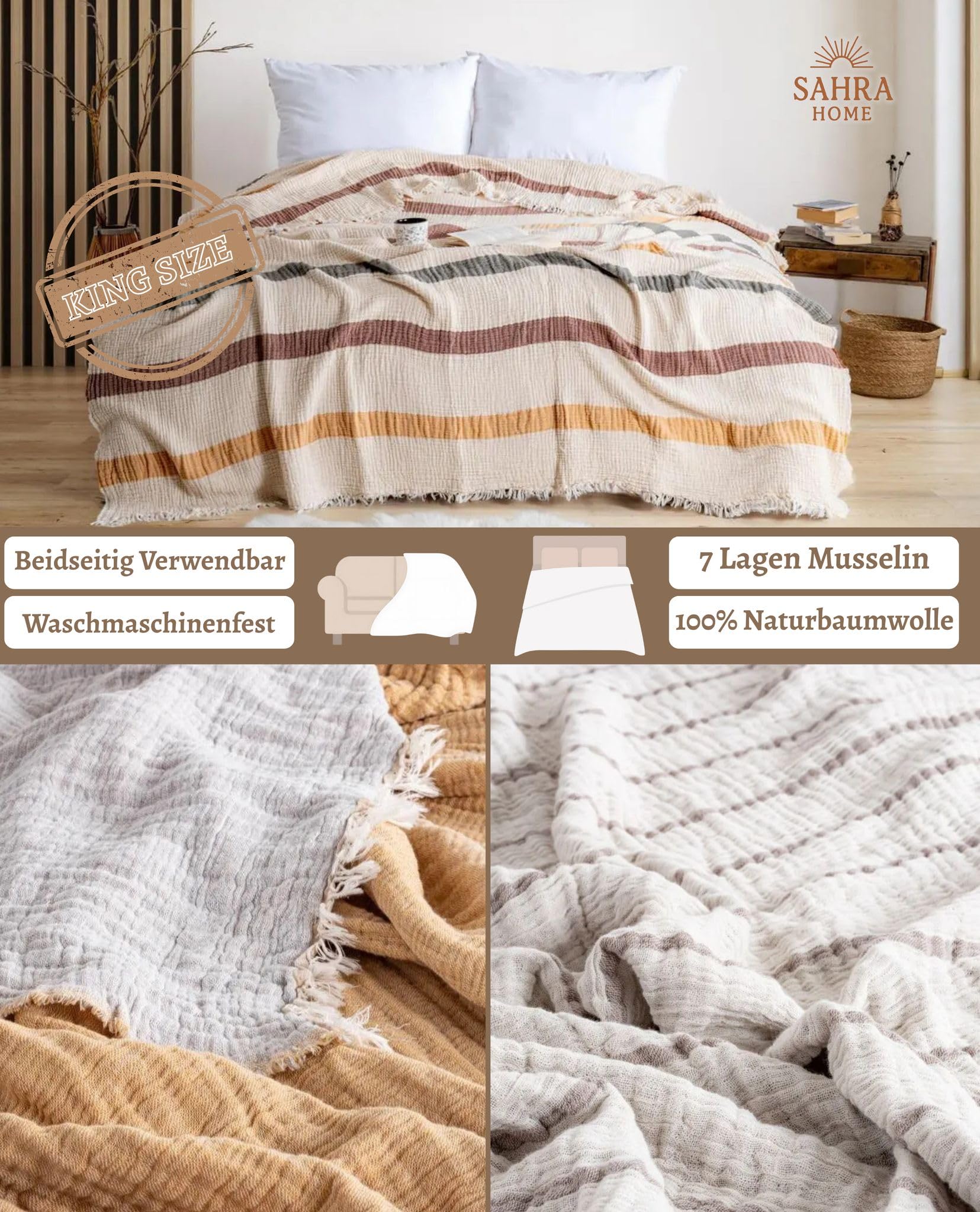 Sahra Home - 100 % Baumwolle Musselin Decke – 4-lagig, Doppelseitig verwenbar, Bio-Färbung, King Size 220x240 cm – Handgefertigt – Tagesdecke & Sofaüberwurf – Ideal für den Sommer – Türkische Qualität