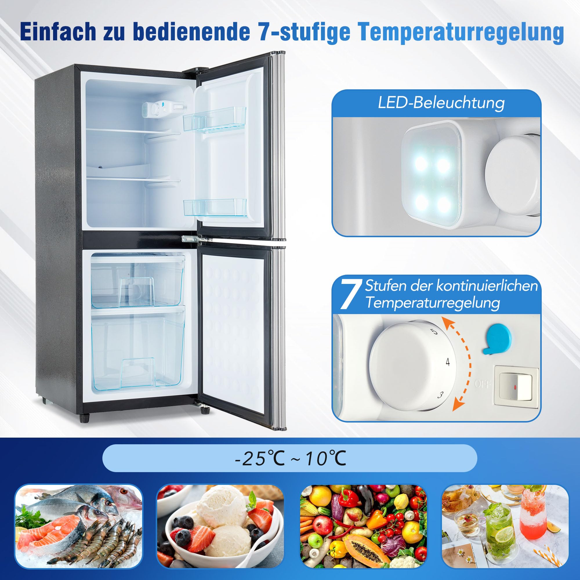 Gegtuon Frigorifero 106L, Frigo con Illuminazione a LED e Divisorio per Ripiani, Professional Frigo Bar Refrigerata con Congelatori e Porta Verstellbare per Cucina Ufficio, Classe E, 220-240V, Argento