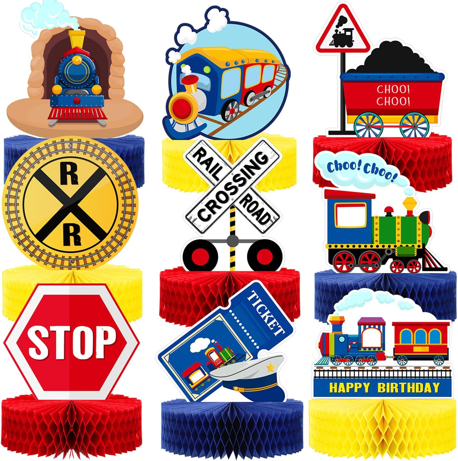 Spakon 9 Pcs Train Birthday Party Decorations Railroad Train Crossing Centerpiece Table Decorations Railway Honeycomb for Kids and Baby Shower Railroad Crossing Sign Table Toppers Photo Booth Prop