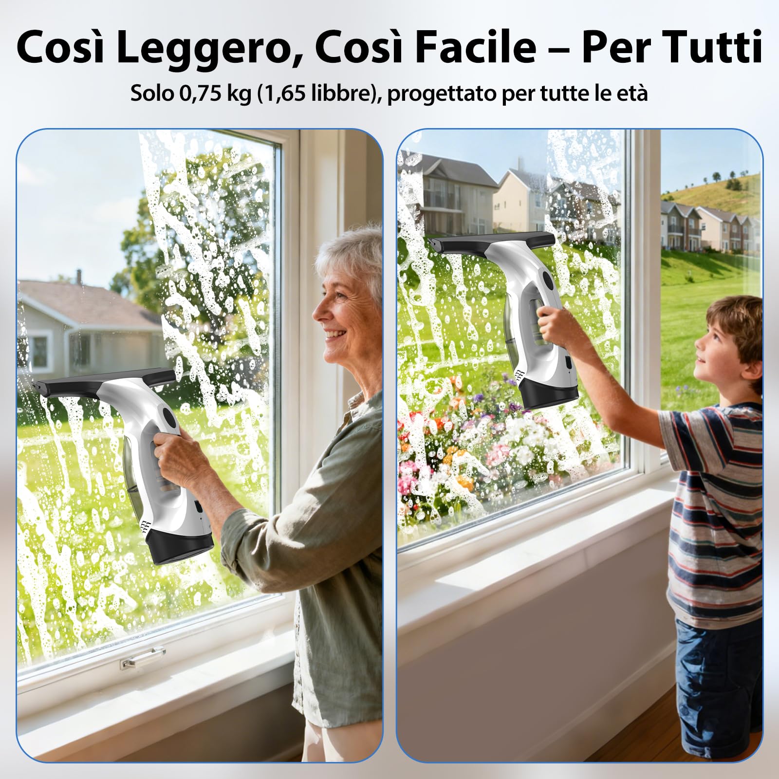 Nettoyeur Vitre, Kit Nettoyeurs de Vitres Sans Fil avec Autonomie de 30 min, Lave Vitre Electrique avec Raclettes de 28cm & Réservoir de 150ml, Adapté aux Vitres, Carrelages & Miroirs