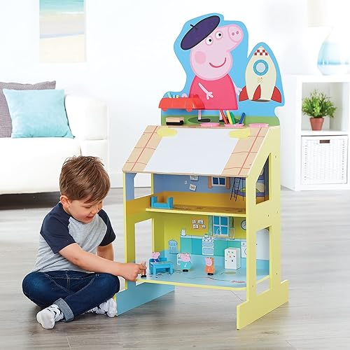 Miniatura 8 de Peppa Pig Caballete de madera para jugar, 3 áreas para jugar y actividades creativas; área de dibujo, pizarra y divertida casa Peppa de 2 pisos.