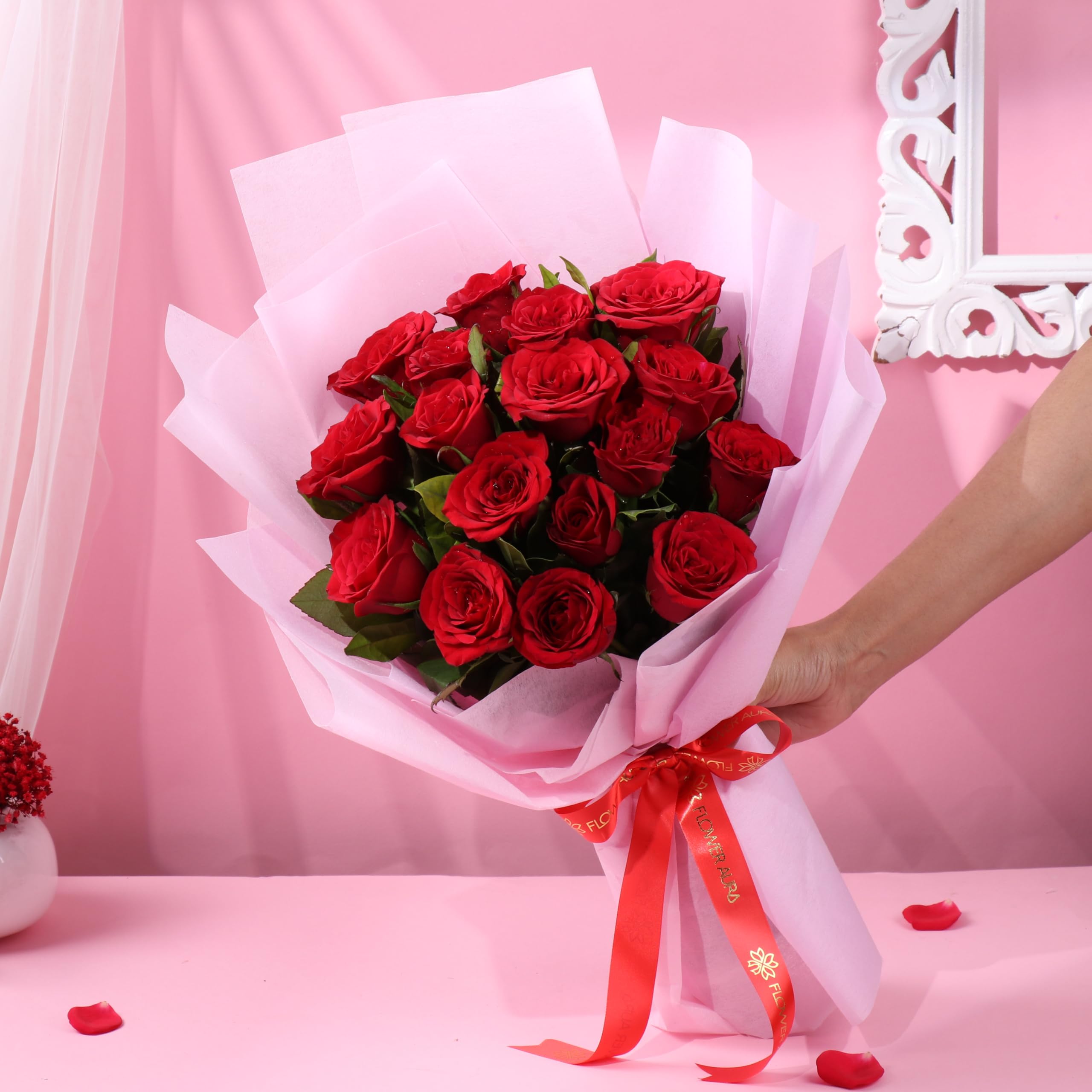 FlowerAura Romantic Fresh Live Flower Bouquet of 15 Red Roses In Non Woven Paper Pack Gift For Birthday | Anniversary | Romantic Surprise | Women's Day | Mother's Day (Same Day Delivery)-image-17