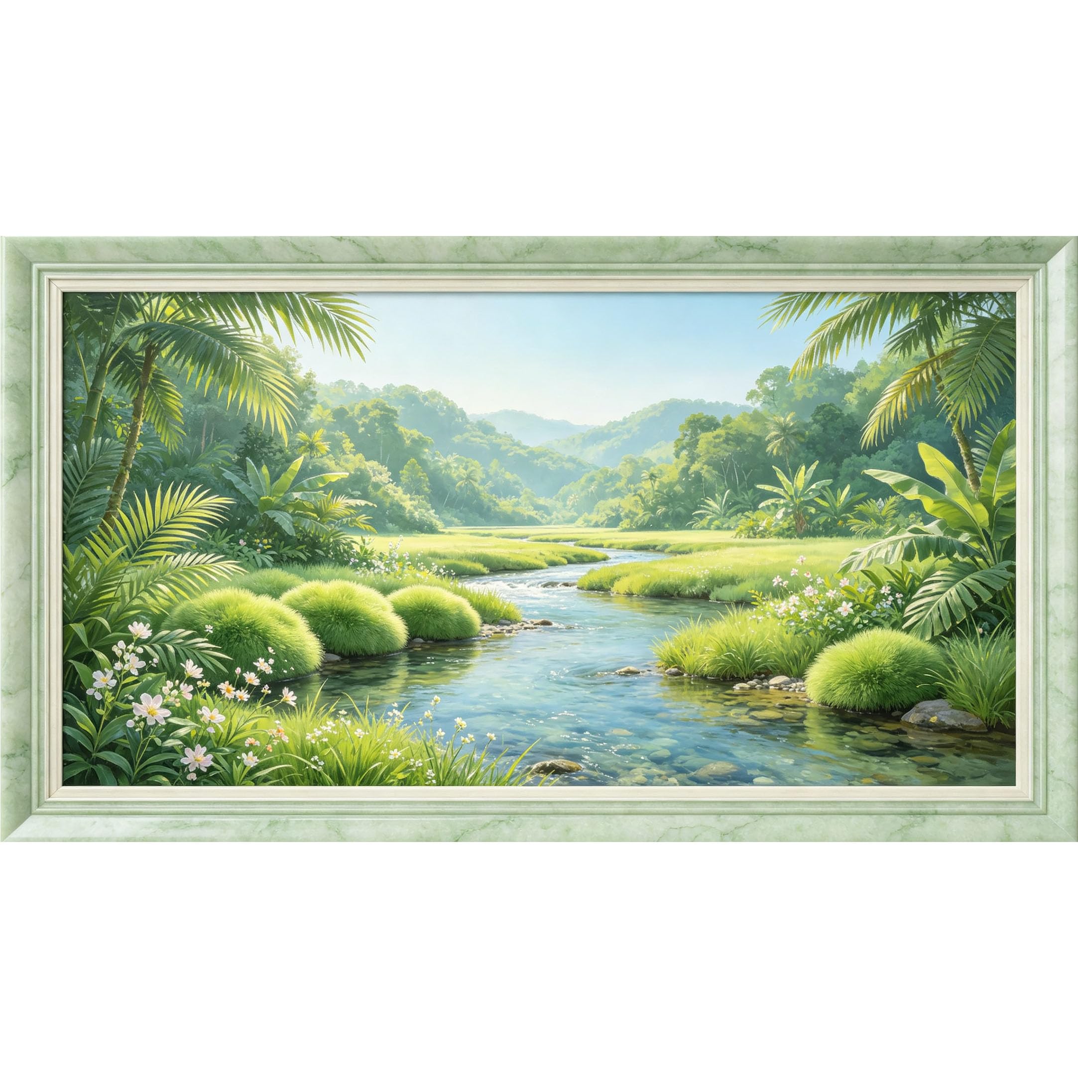QZLITHOTIC 50×100cm 3D Framed Wall Art， Tropical Jungle River Landscape Self?Adhesive Mural， Water?Activated Peel & Stick Fabric Decor Wall Decal for Bedroom Living Room