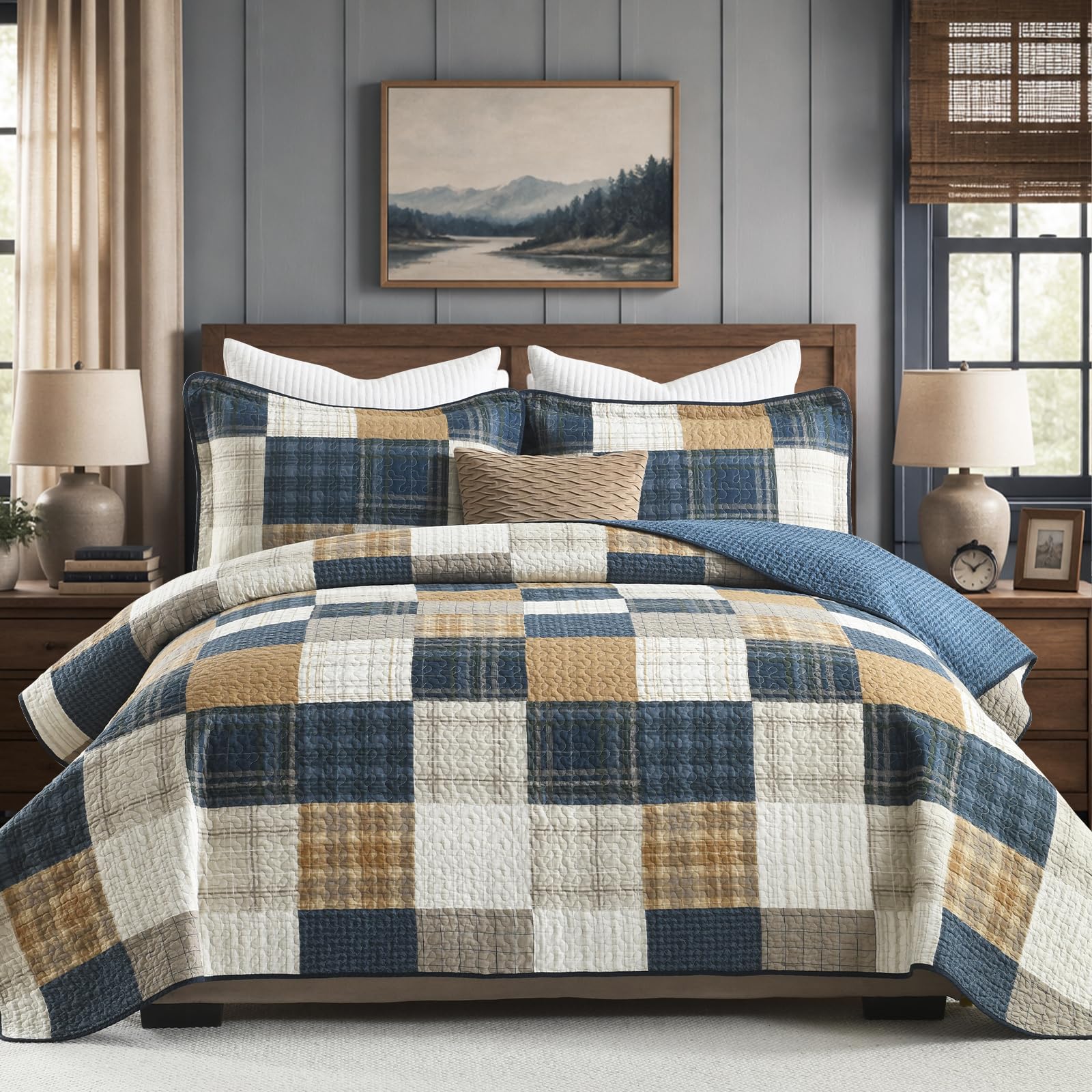 Quilta 100% Cotton Quilt Queen Size - Farmhouse Plaid Queen Quilt Bedding Set, Soft Lightweight Country Bedspread Set, Rustic Comforter for All Seasons 3pcs, Navy Blue/Tan/Snow White