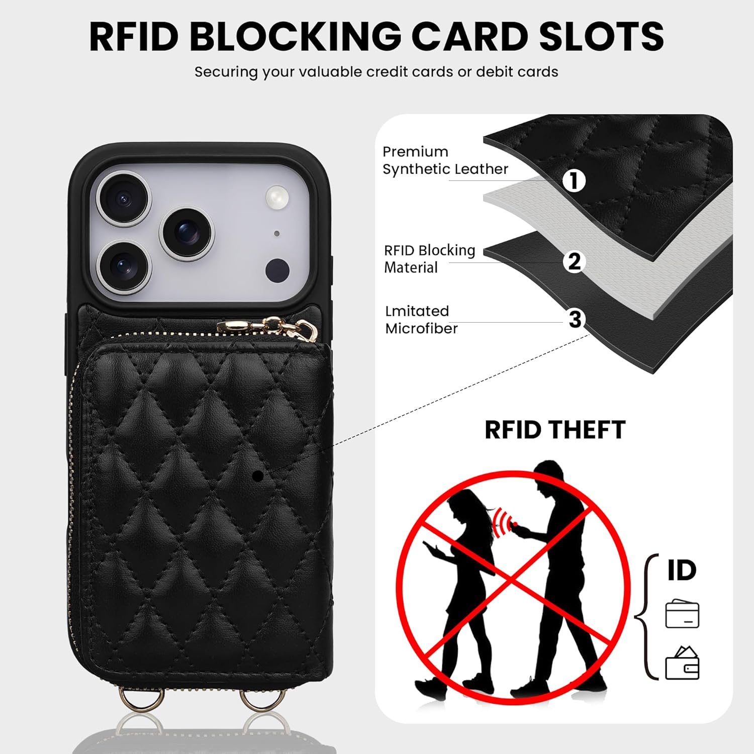 Keallce Case for iPhone 17 Pro 6.3'' Wallet Case, Crossbody Zipper Purse with Wrist Strap Handbag, RFID Blocking Card Holders, Lanyard Kickstand Flip Leather Phone Cover for iPhone 17 Pro, Black - Image 4