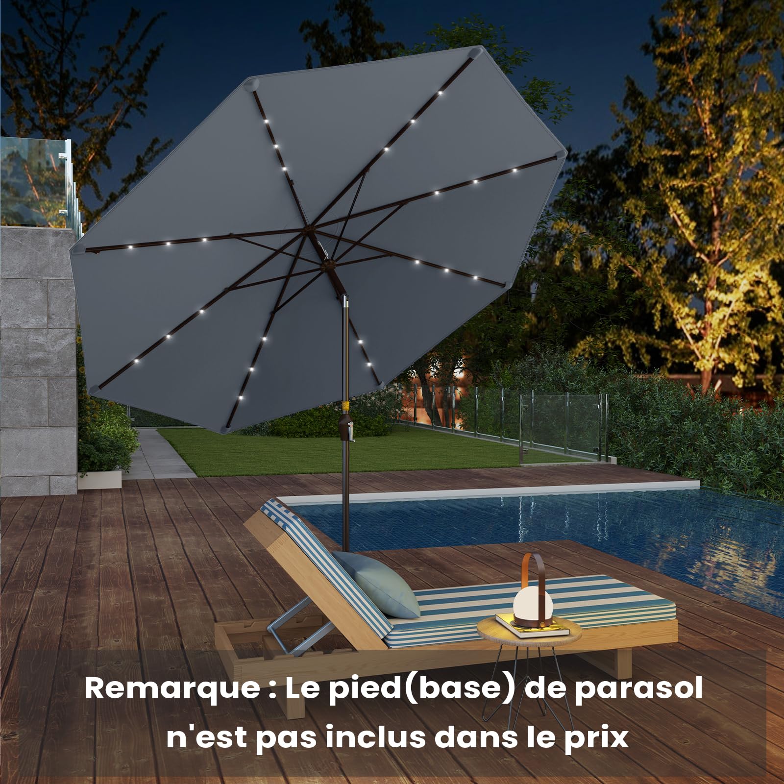 RELAX4LIFE Parasol Inclinable LED 3M à 8 Baleines en Fibre de Verre, Gris