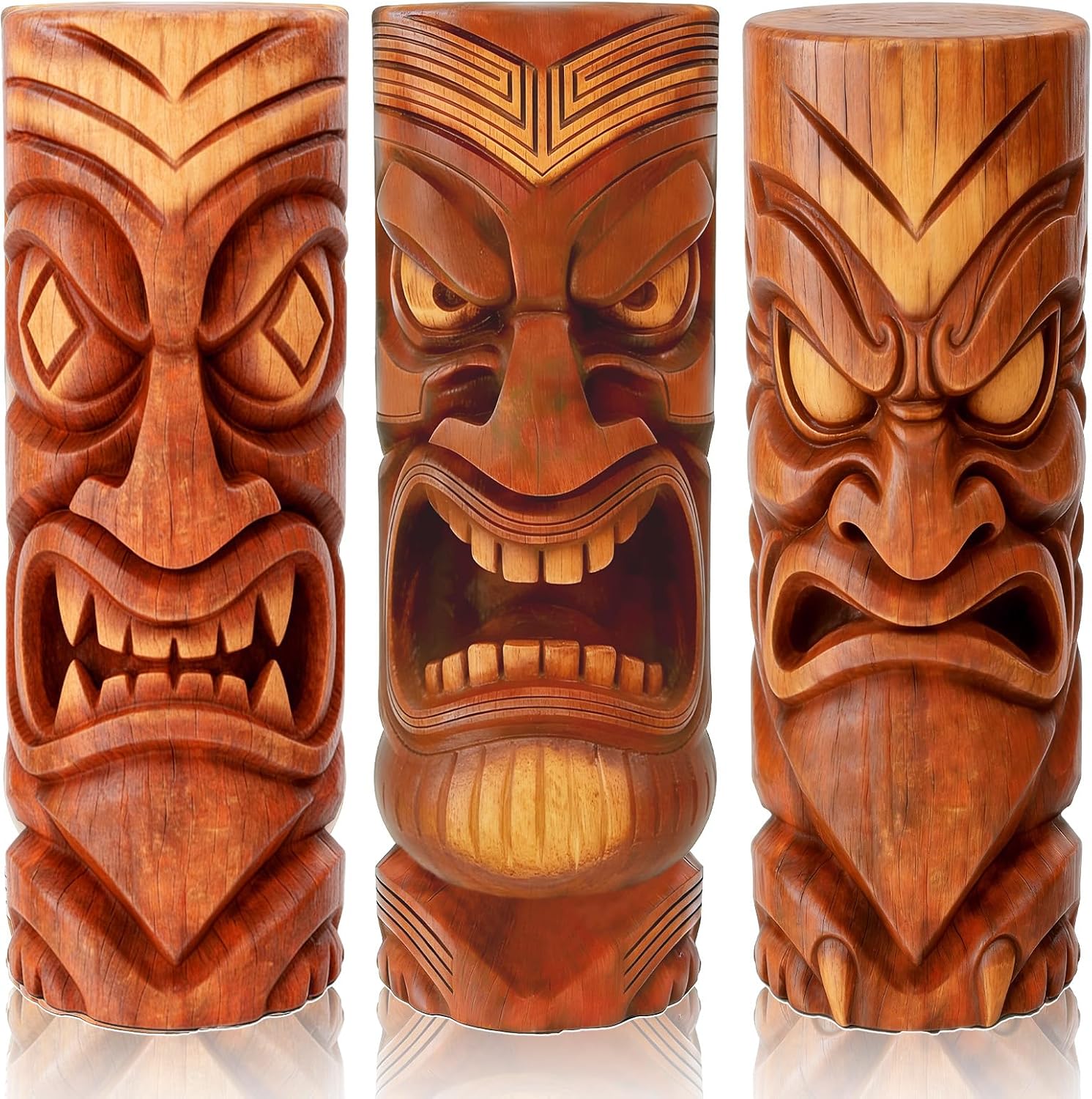GELUOBEN 3 Pcs Tiki Decorations - 16.1 inch Large Wooden Tiki Masks Wall Art,Hawaiian Luau Party Decor,Polynesian Tiki Hut Decor for Home Bar Indoor Outdoor Tropical Survival Theme Party Supplies