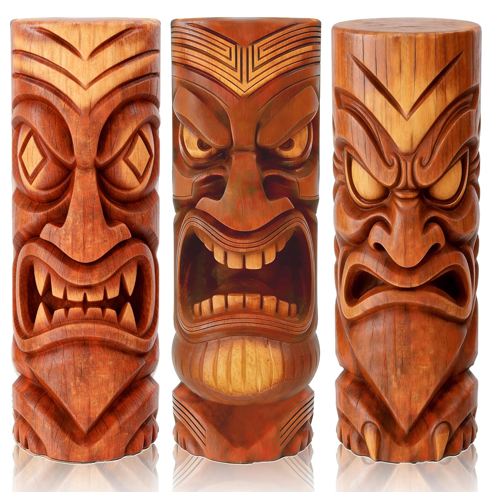 GELUOBEN 3 Pcs Tiki Decorations - 16.1 inch Large Wooden Tiki Masks Wall Art,Hawaiian Luau Party Decor,Polynesian Tiki Hut Decor for Home Bar Indoor Outdoor Tropical Survival Theme Party Supplies