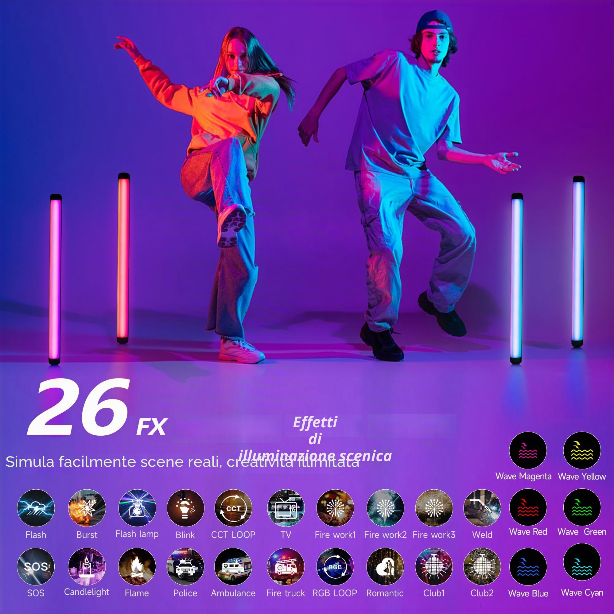 VILTROX K60 - Confezione da 2 luci LED RGB con controllo APP, palmare a 360° RGB tubo luce bacchetta per fotografia, dimmerabile 2500K-8500K, CRI97+, 26 scene di luce, display LCD, batteria 2200 mAh