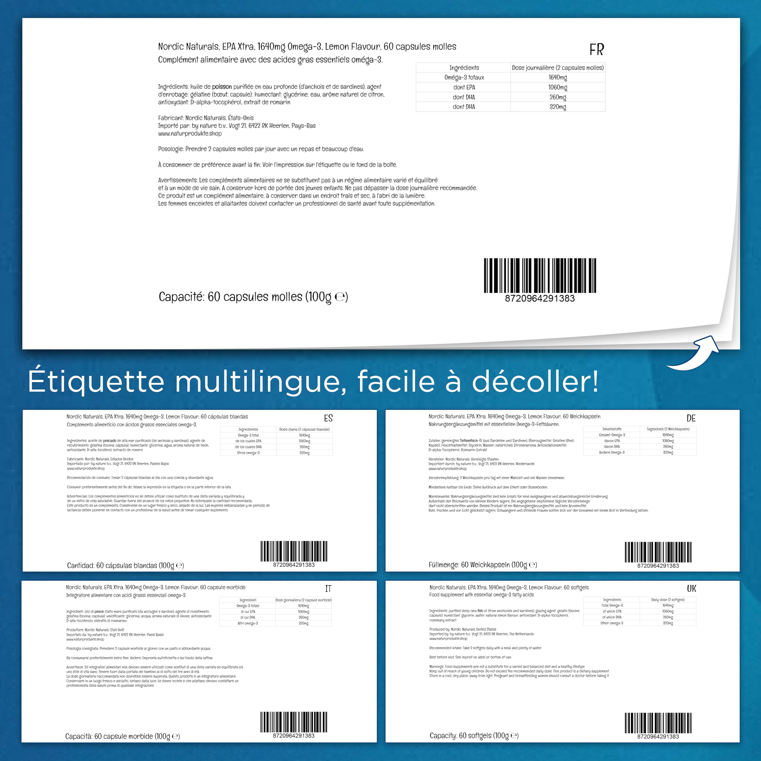 Nordic Naturals, EPA Xtra, 1640mg d'Oméga-3, Huile de Poisson avec EPA et DHA, Goût Citron, 60 Capsules molles, Sans Soja, Sans Gluten, Sans OGM
