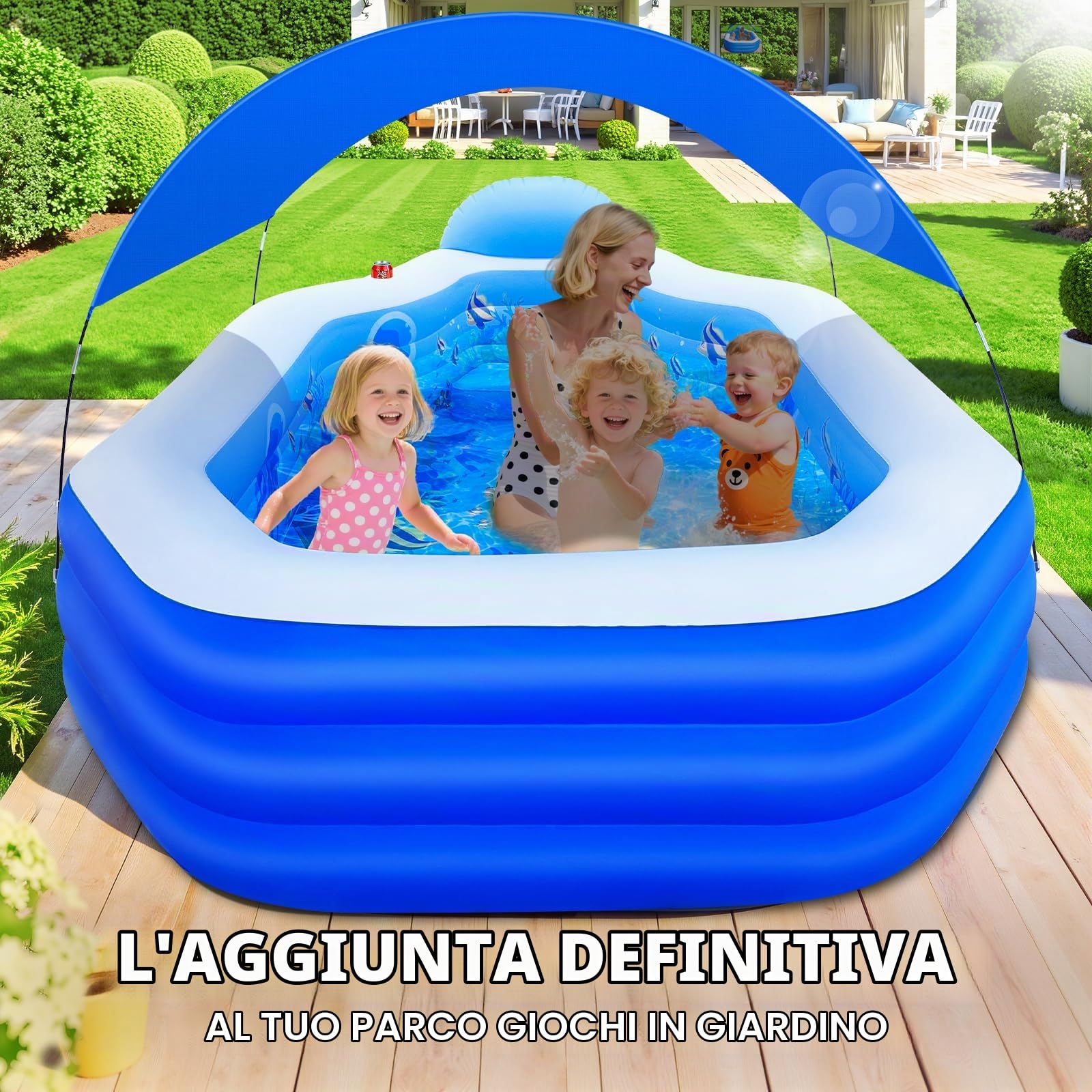 ChlorBlu Piscina Gonfiabile Grande con Tettoia, 300x190x55cm Piscina Gonfiabile per Adulti, Piscine Gonfiabili Familiari Resistenti e Rinforzate con Sedili, Piscina Familiare per Giardino Esterno