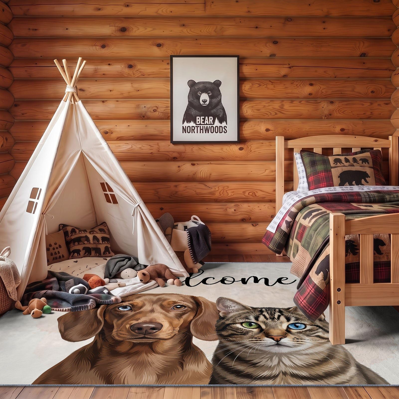 Braun Teppich Wohnzimmer 80 x 150 cm, Waschbarer Modern Rustikal Hund Katze Text Teppich,rutschfest Kurzflorig Weich Teppiche für Wohnzimmer Schlafzimmer Esszimmer Büro