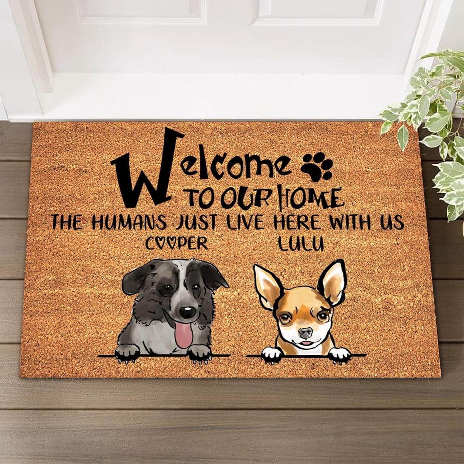 Welcome to Our Home The Humans Just Live Here with Us Coir Mat Natural Fade - Vinyl Backed Custom Pet's Name Personalized Decorative Mat Dog Cat Pet Lovers Gift 16x24in 2 Dogs