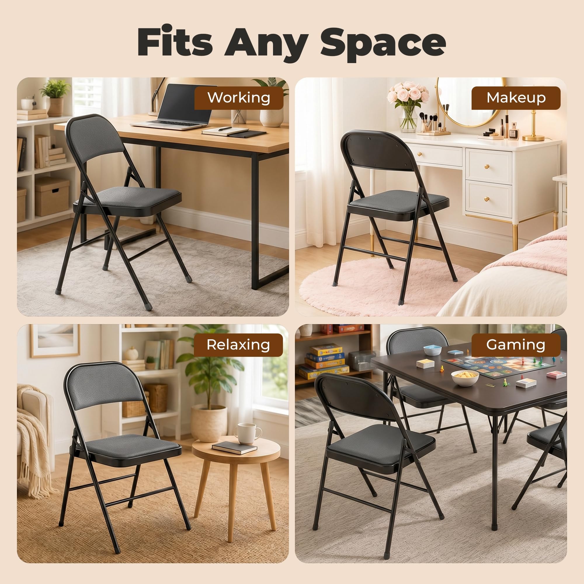 HOMCOM Lot de 4 chaises Pliantes chaises de Salle à Manger Portables Chaise Pliable d'intérieur avec Coussin en revêtement synthétique et Cadre en Acier dim. 45l x 46P x 78H cm Noir