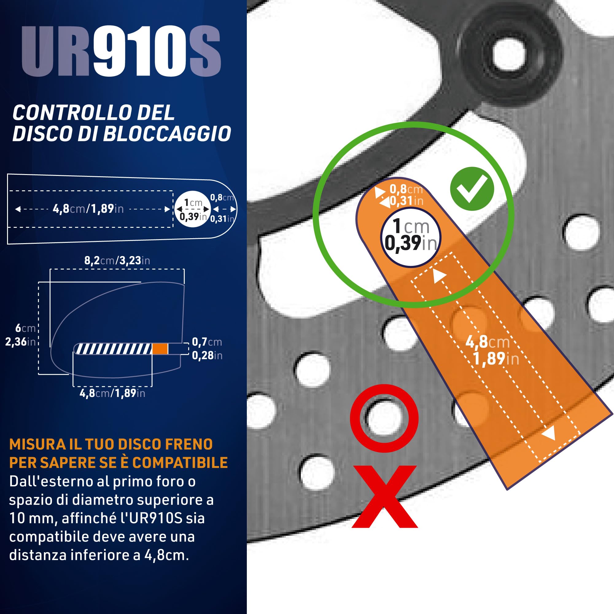 URBAN UR910S Bloccadisco Moto Senza o Con Allarme Omologato SRA et Sold Secure, Doppia Chiusura ø10 Acciaio Indurito di Alta Sicurezza, Cavo Promemoria, Lucchetto Antifurto Blocca Disco Moto, Scooter