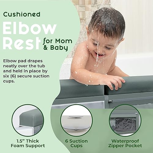 Miniatura 6 de Cómodo juego de rodilleras y coderas de baño para bebé, tapete de baño con 4 bolsillos organizadores de juguetes, tapete antideslizante para bañera