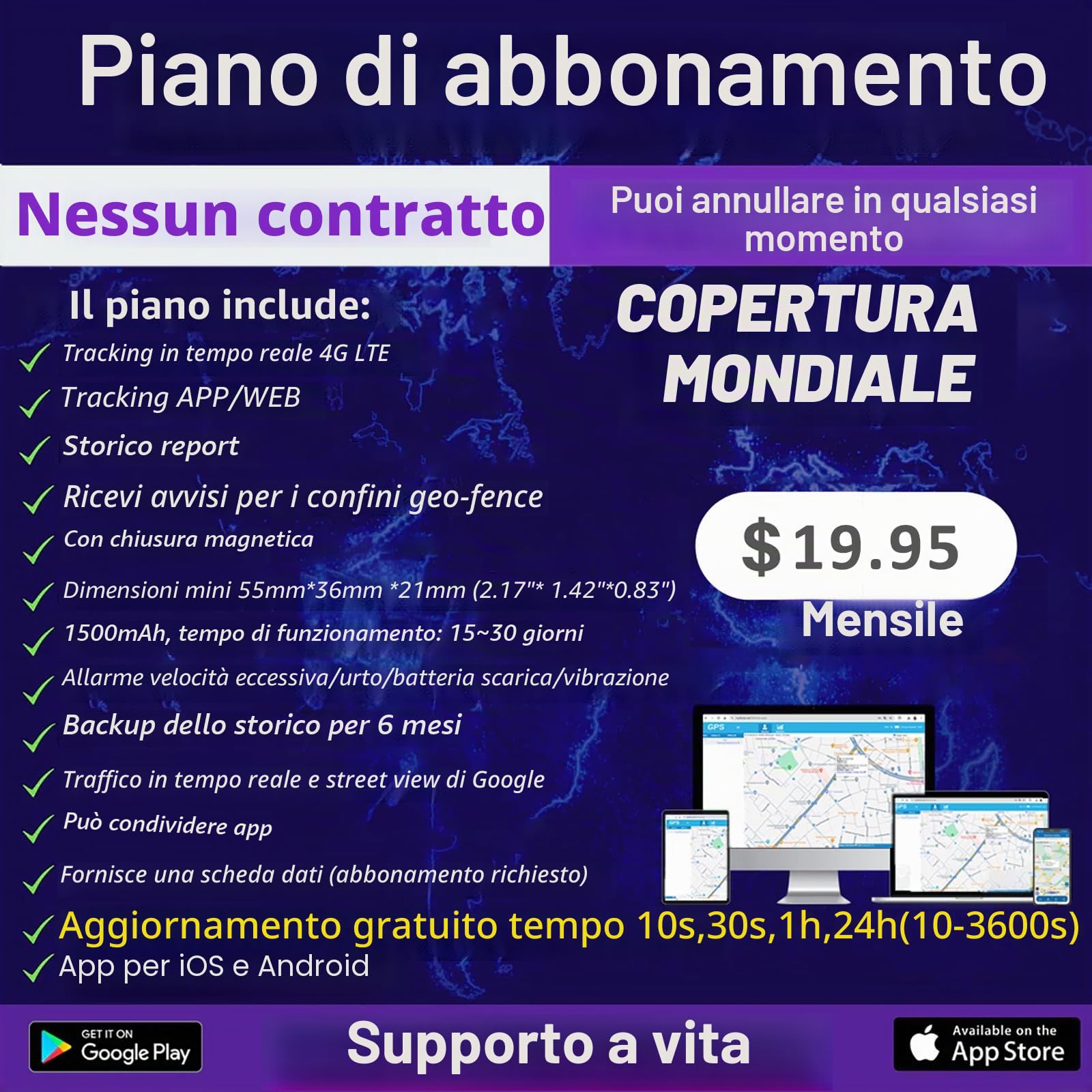 4G Localizzatore GPS per Auto Moto Bambini 1500mAh GPS Tracker con Scheda SIM integrata APP Allarmi Multipli Geo-fence Alarm Magnete Monitoraggio in Tempo Reale 58g