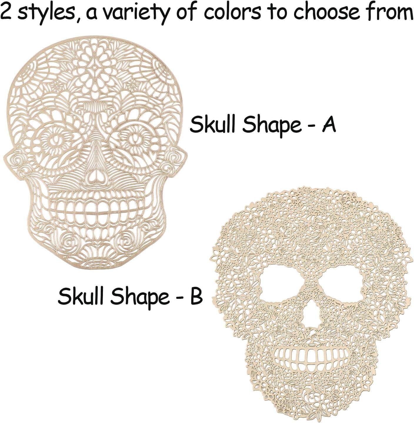 Hollow Out Skull Shape Placemats Pressed Vinyl Metallic Placemats Set of 6 Pcs, Heat Resistant Table Mats for Party Halloween Dinner Table Decorations, Style B Mixed Color