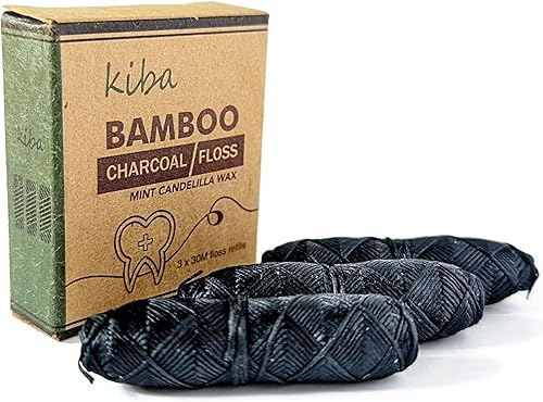 Kiba Juego de 3 piezas de repuesto de hilo dental de carbón de bambú (3 recambios de hilo dental de 98.4 ft), hilo dental ecológico con cera de
