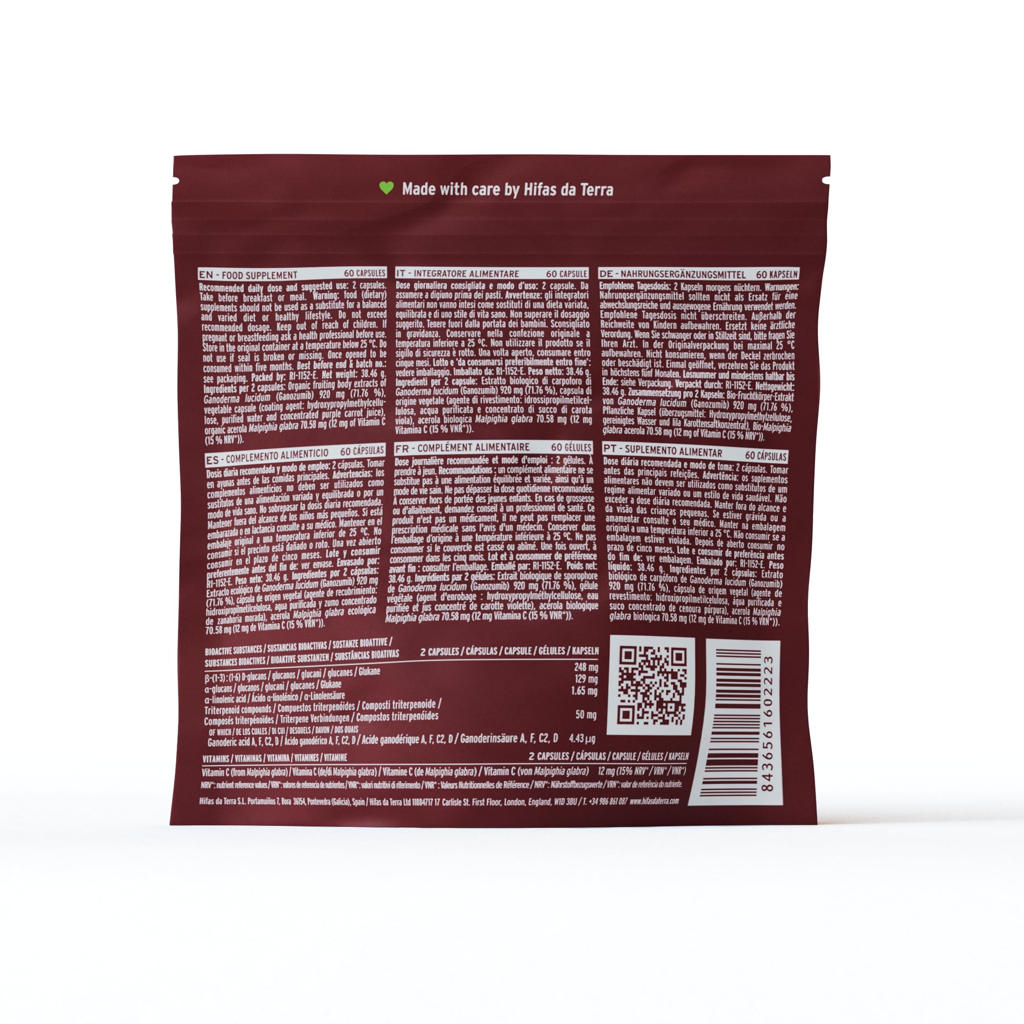 HIFAS DA TERRA - Mico-Rei Extracto Puro de Reishi (Ganoderma lucidum) extracto puro + Vitamina C natural - Extracto de Hongos - Defensas, Circulación y Bienestar Integral - Refill 60 Cápsulas