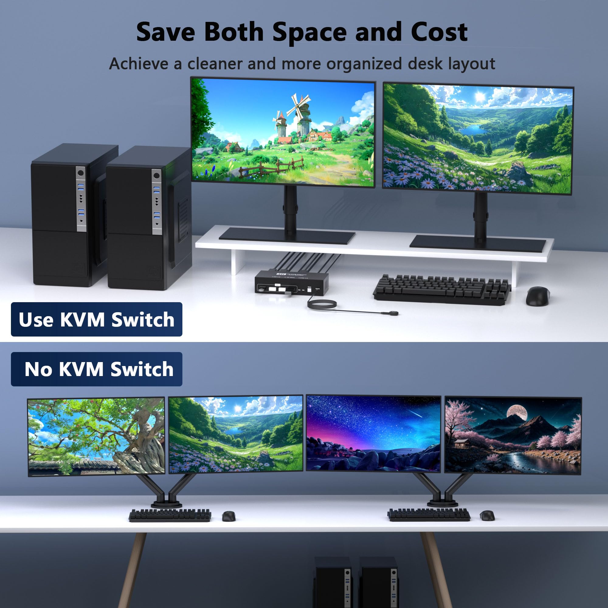 DisplayPort KVM Switch 2 monitory, 2 komputery, 4K 60 Hz, USB3.0 KVM Switch Display Port na 2 komputery, dwa monitory i 4 urządzenia USB, przełącznik do 2 komputerów