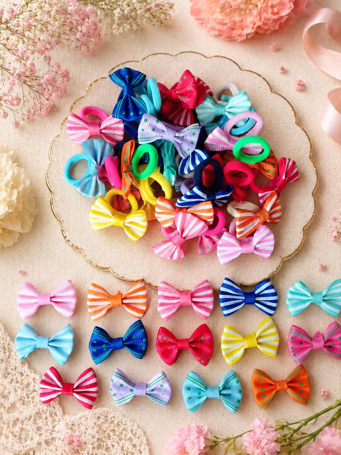 NEOBABY Multiple Designer Bow Hair Ties for Girls, Multicolour Striped Elastic Rubber Bands (Pack of 14 Pairs)-image-43