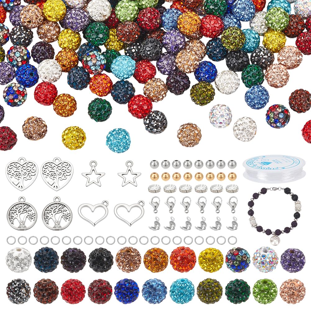 PH PandaHall 530pcs Pave Disco Ball Clay Bead Kit, 220pcs 22 Colors 10mm Polymer Clay Rhinestone Crystal Beads Tree of Life Charms Spacer Beads Clasps for DIY Bracelets Necklaces Jewelry Making