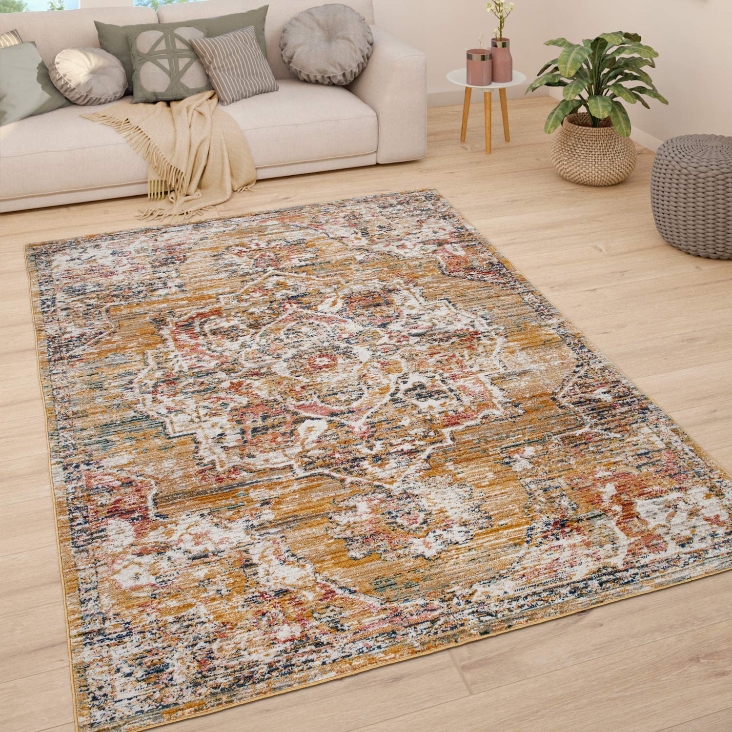 Paco Home Teppich Wohnzimmer Kurzflor Schlafzimmer Moderne Vintage Orient Ornament Muster Pastell Bordüre, Grösse:120x170 cm, Farbe:Gelb 4