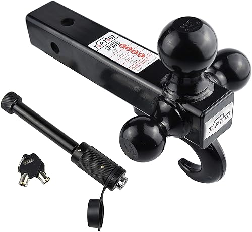 TOPTOW 64181HL - Enganche de receptor de remolque con triple bola con gancho, bolas negras, con bloqueo de enganche de remolque de hueso de perro