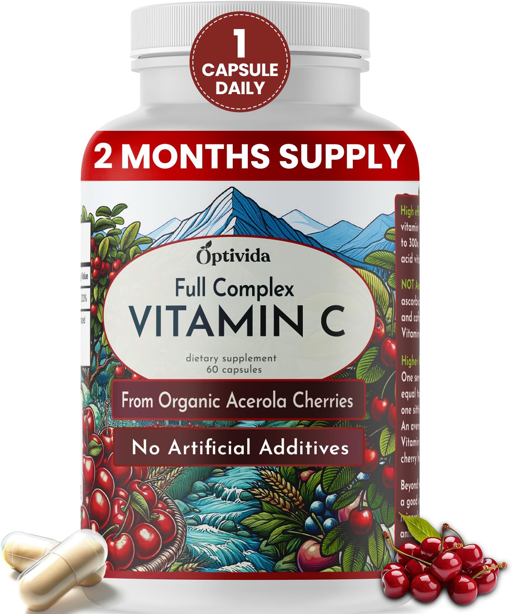 OPTIVIDA Health Acerola Cherry Capsules (60 Days Supply) – Plant-Based Vitamin C for Immune Support – Enhances Absorption – Supports Skin, Joints & Immune Health – GMP Certified