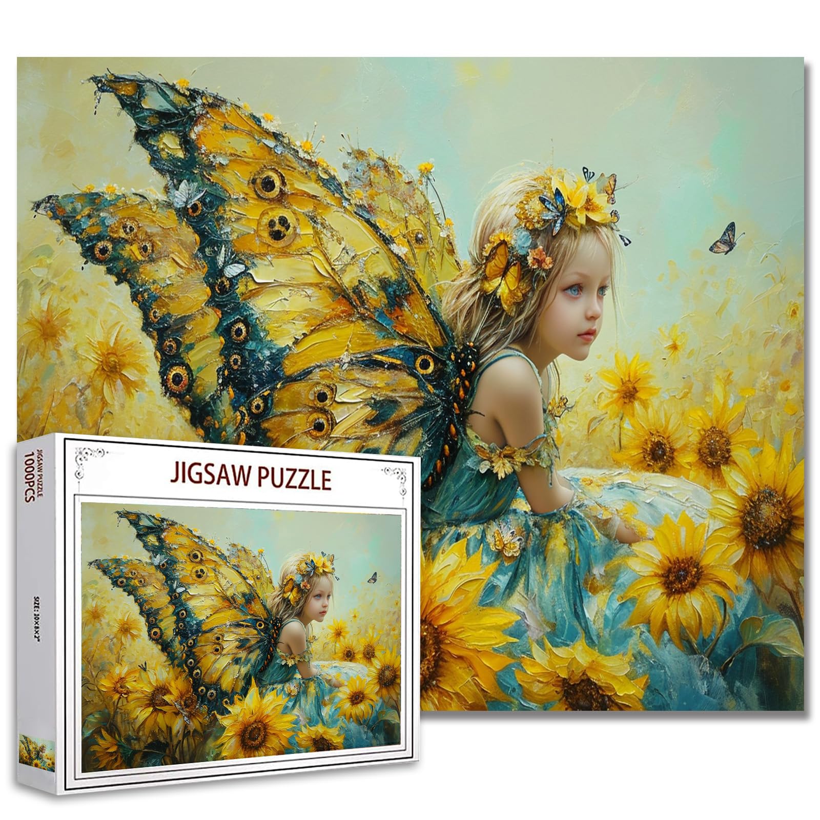 Tucocoo 1000 Piece Jigsaw Puzzle for Adults, Fairy Little Girl With Sunflowers and Yellow Wings
