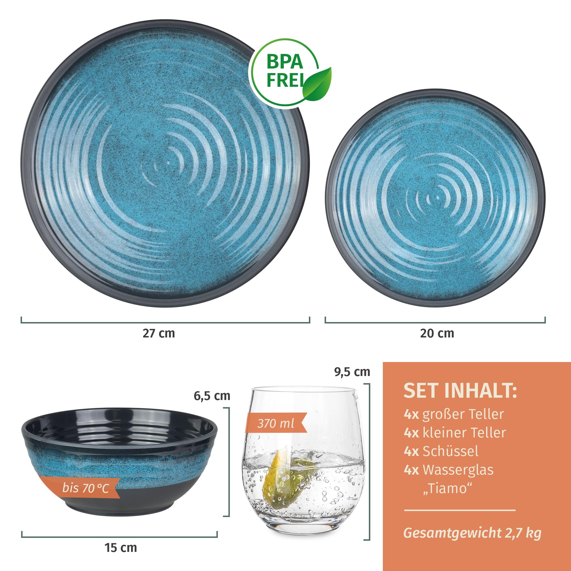 Vajilla de melamina para camping, 4 personas, color azul piedra + 4 vasos de agua Tiamo vajilla de picnic barbacoa