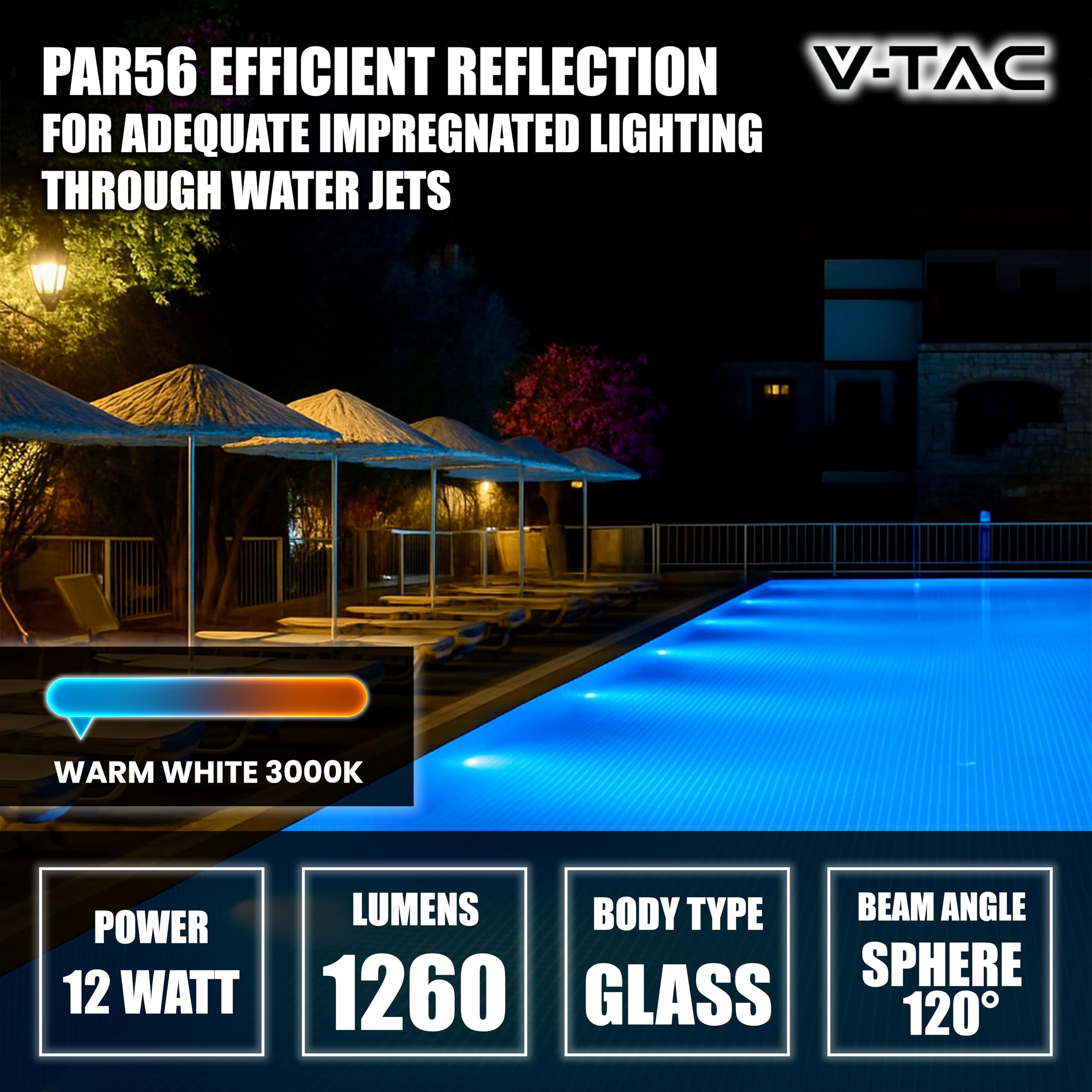 V-TAC Lampada Led da Piscina 12W - PAR56 - Lampada in Vetro Antiurto per Illuminazione Piscine e Fontane - 1260 Lumen - Luce Subacquea - Risparmio Energetico - IP68 - Luce Calda