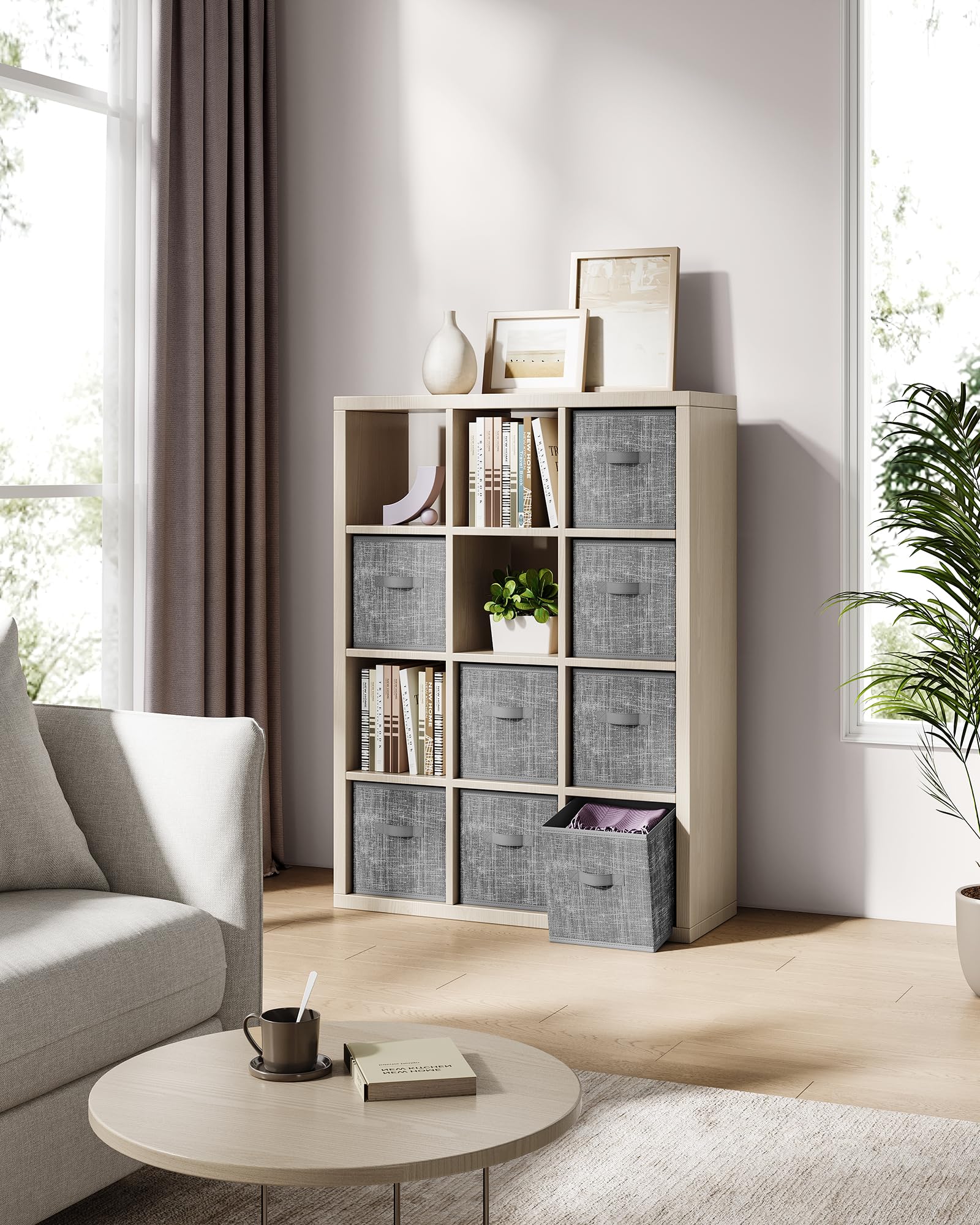 SONGMICS Scatole Portaoggetti, Set di 8 Contenitori da 28 cm in Tessuto Non Tessuto, con Doppie Maniglie, Organizzatori a Cubo, per Scaffale, Pieghevoli, per Abiti, Grigio Giunco ROB826G01