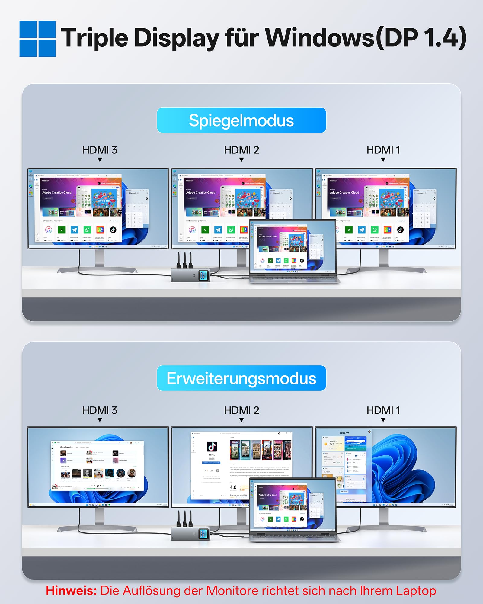 Stacja dokująca USB C 3 HDMI Laptop Dockingstation 3 monitory 13 w 1 Hub USB C Triple Display z 3 x 4K HDMI, 2,5G Ethernet, PD 100W, 5 x 10Gbps USB 3.1, inteligentny wyświetlacz, SD/TF dla Dell HP