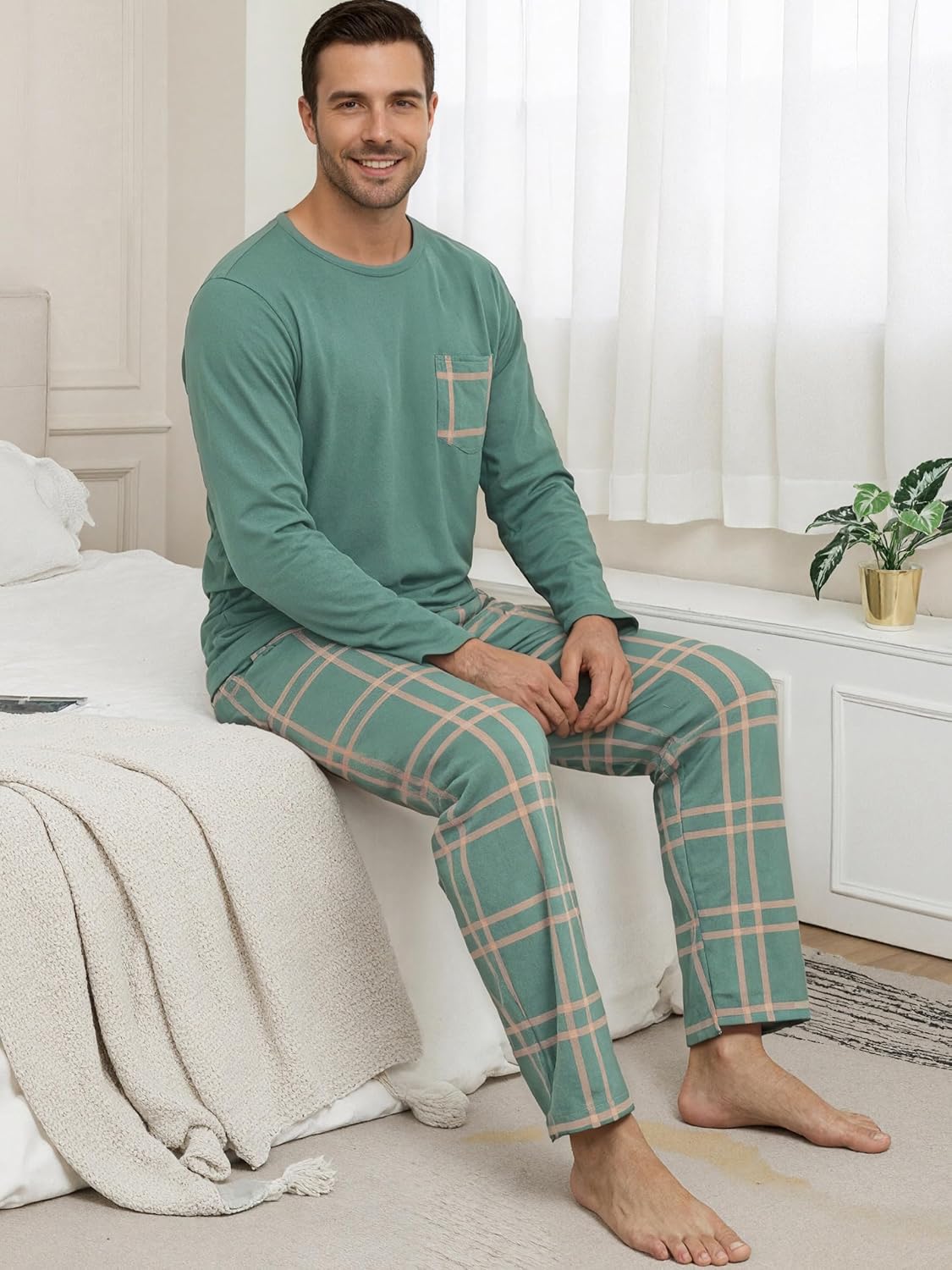 Mens Pajama Set Long Sleeve Soft Sleepwear Loungewear PJS Tops Plaid Pants with Pockets 2 Piece