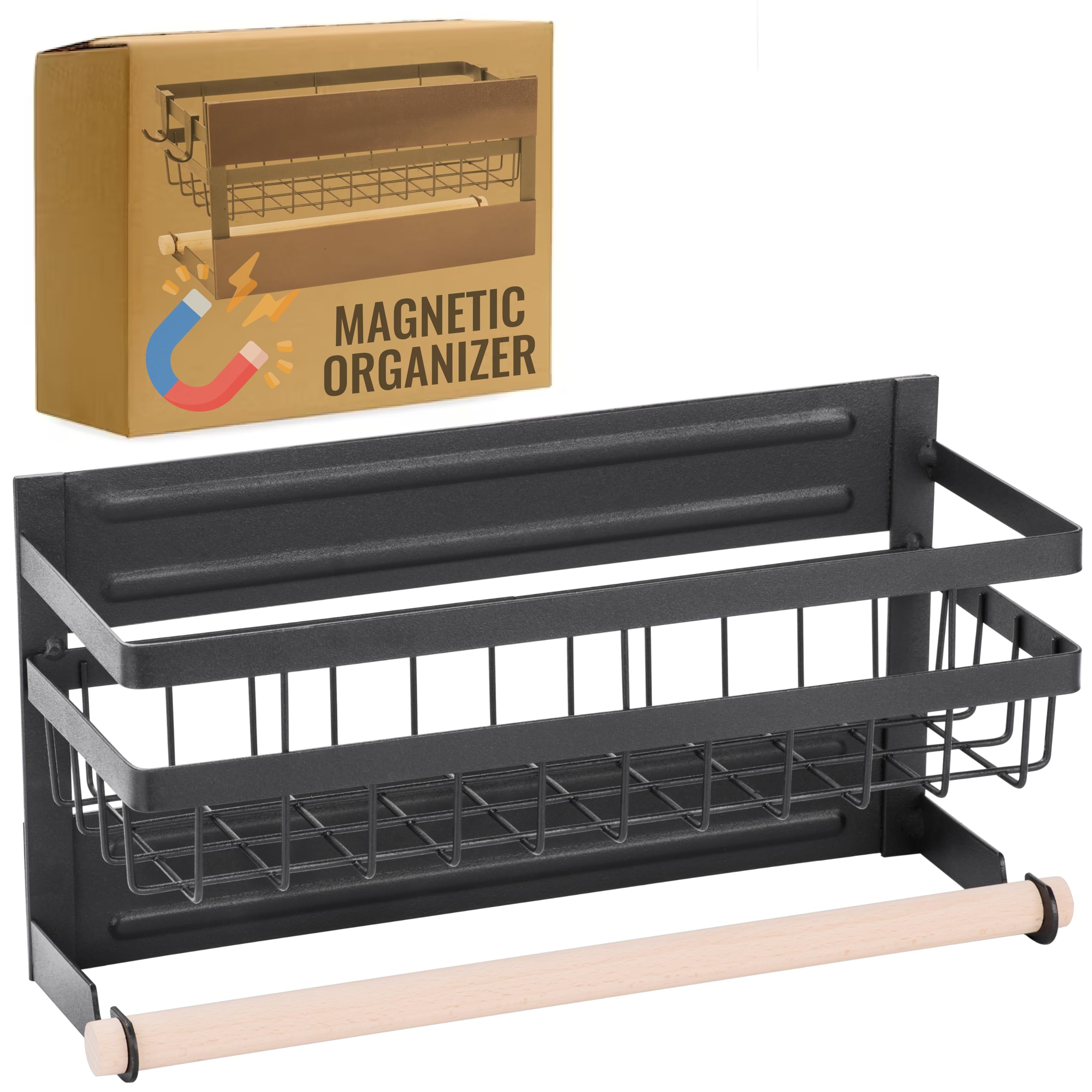 RICOO Étagère Magnétique pour Épices KR005 - Rangement Épices Cuisine Pratique - Modèle Compact en Fer Noir - Montage Facile - Dimensions: 30 x 11,5 x 16 cm