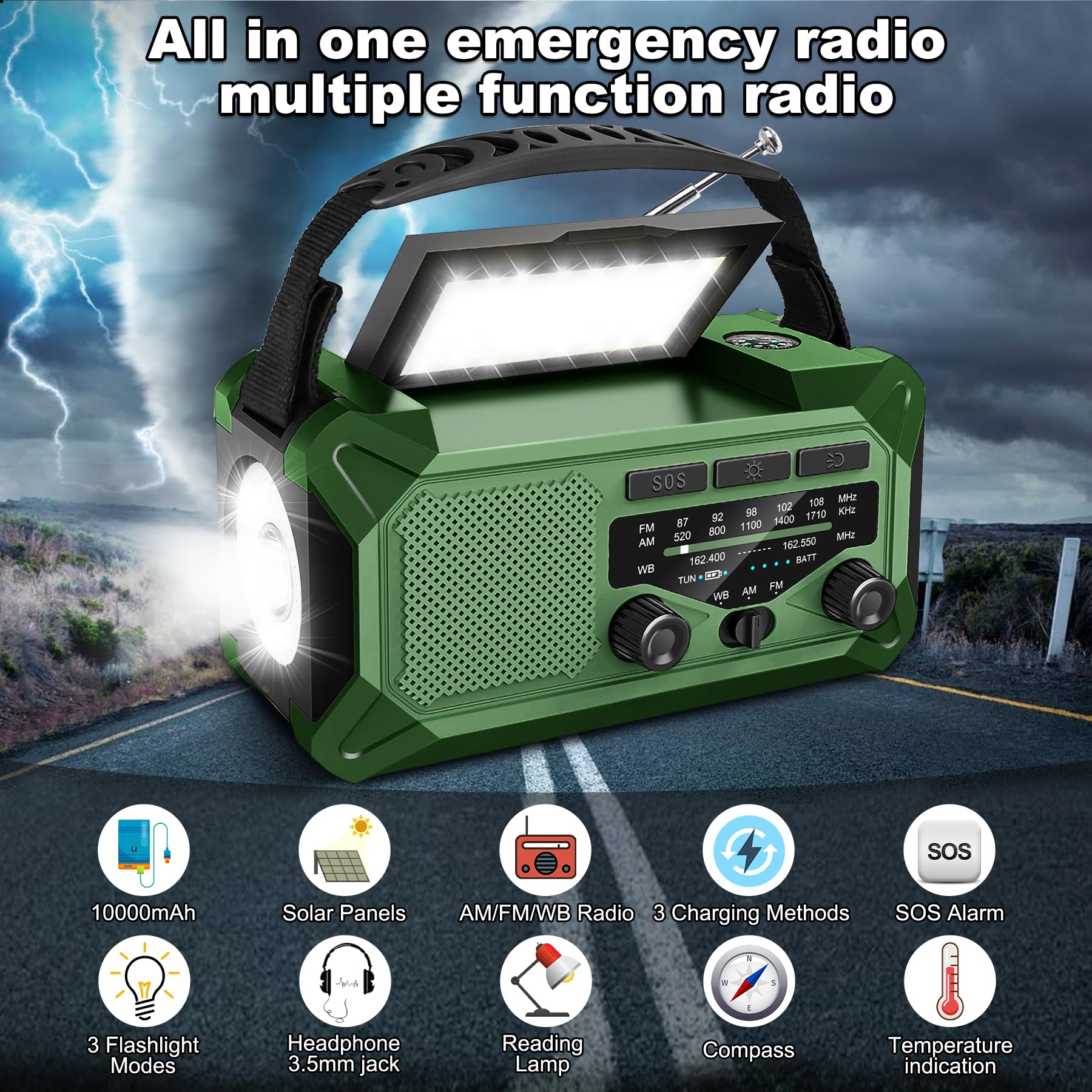 Radio meteorologica di emergenza 10000 mAh 37000 mWh NOAA/AM/FM solare a manovella con torcia, caricatore telefono, bussola, lampada da lettura