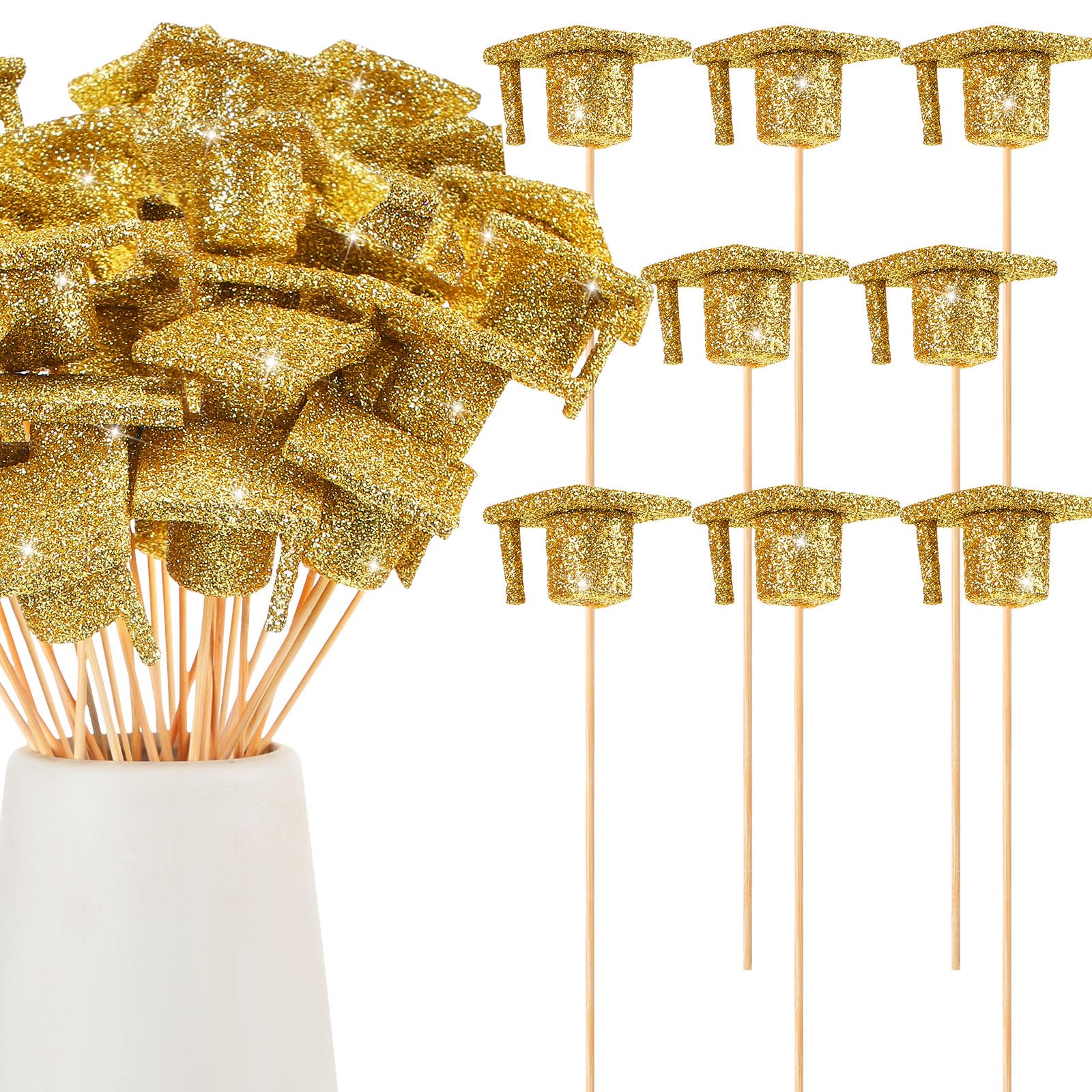 36 Pcs Graduation Decoration Class of 2026 Centerpieces for Table Glitter Grad Cap Stick for Graduation Party Supplies Decor(Gold)