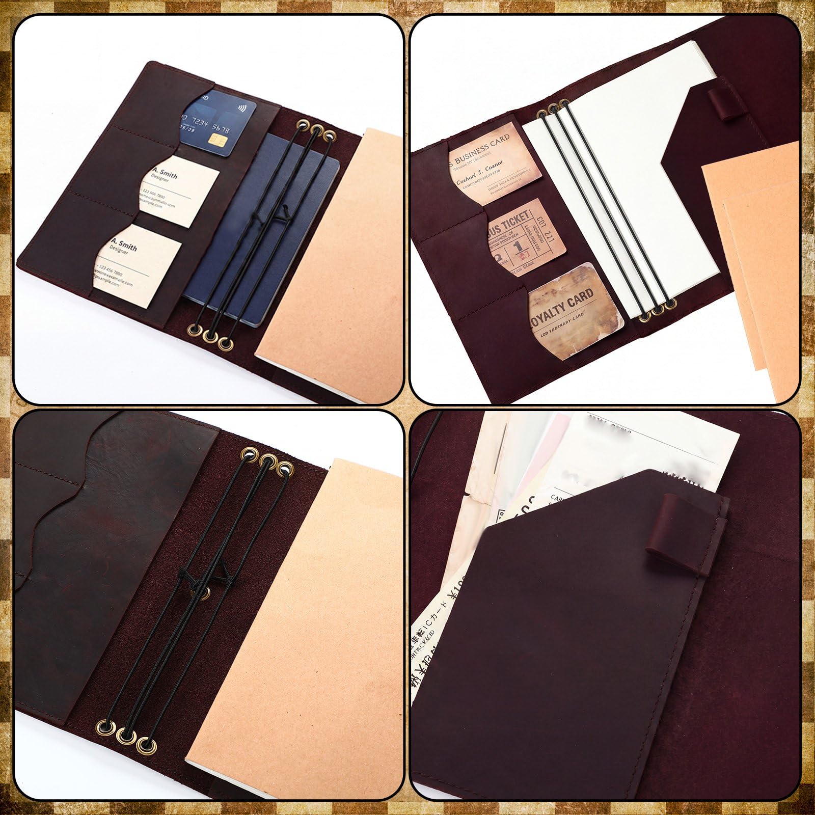 Sabary Juego de 4 fundas para cuaderno de viajeros, 3 cuadernos A5 de piel auténtica, rellenables, A5, con bolsillos interiores, ranuras para tarjetas, soporte para bolígrafos para notas de viñetas