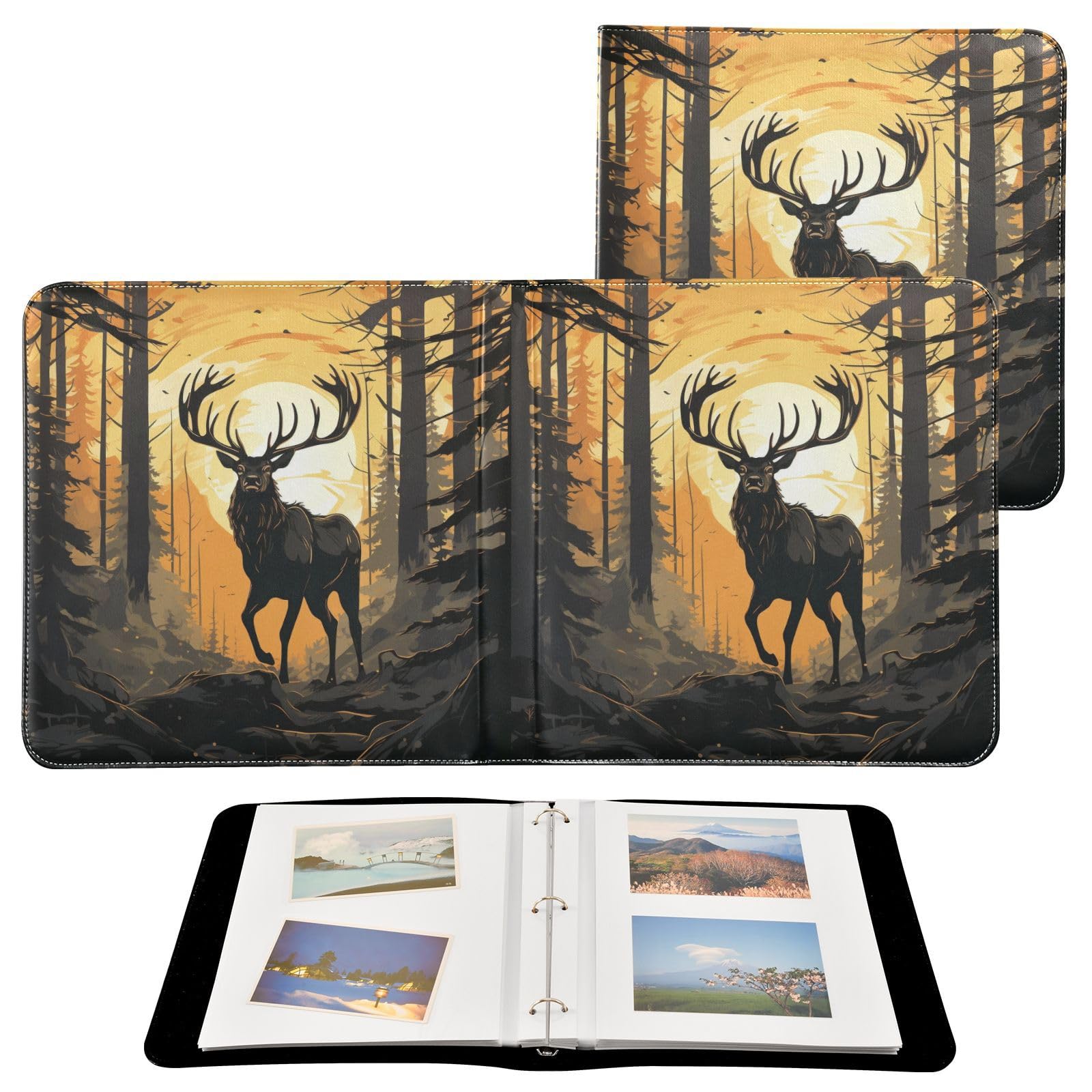 JIPONI Elk Deer Large Photo Album, DIY Leather Cover Scrapbook Albums for 4x6 5x7 6x8 Pictures, Self Adhesive Memory Book for Wedding, Baby, Family