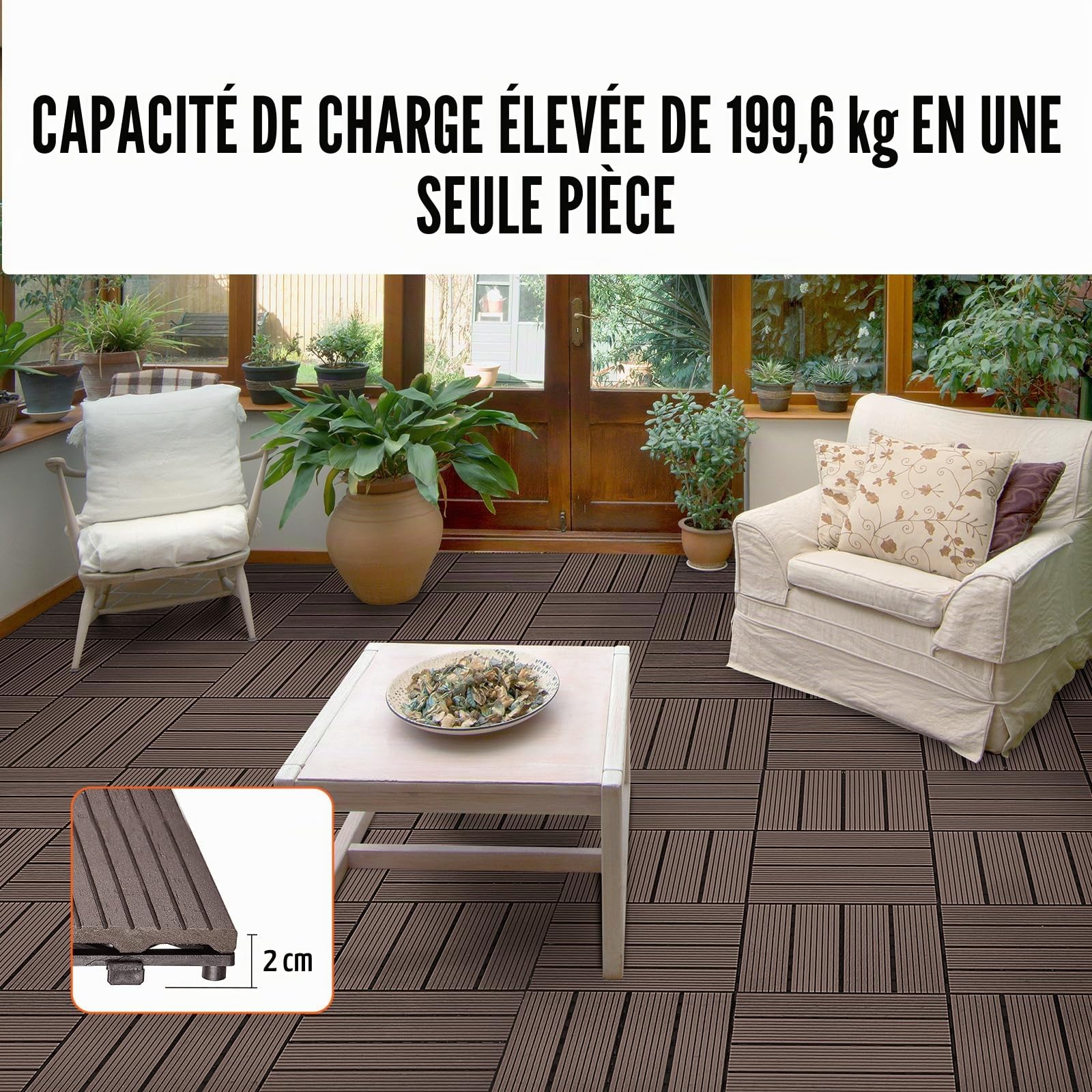 VEVOR Dalles de Terrasse Emboîtables, Lot de 10, Revêtement de Sol Plastique Bois WPC Imperméable, 300x300 mm, 9290 c㎡, Utilisation par Tous les Temps, pour Porche, Piscine, Balcon, Arrière-cour