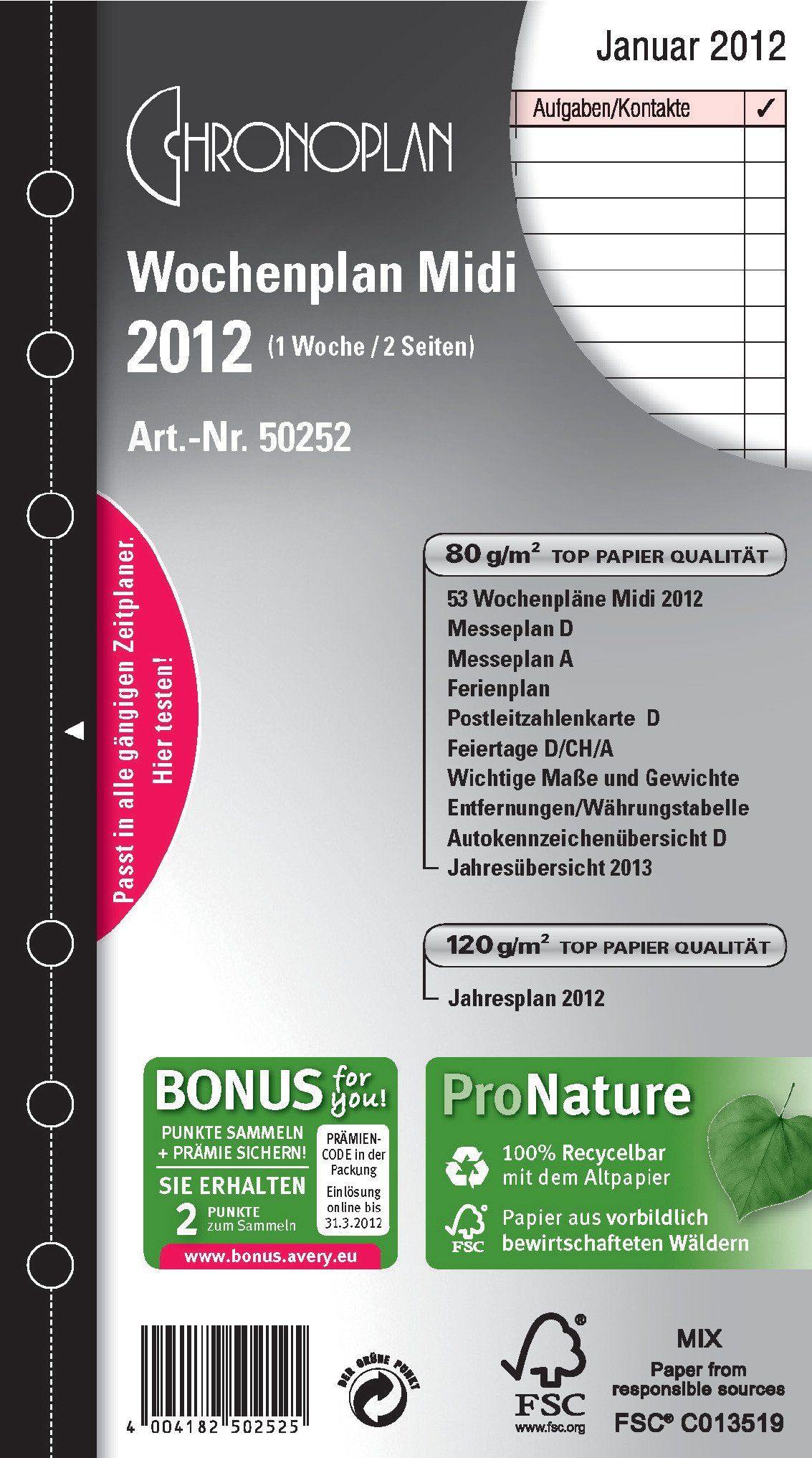 Chronoplan 50252 Calendar Insert 2022 Weekly Planner in Midi Format (96x172 mm), Days in Lines, Replacement Calendar