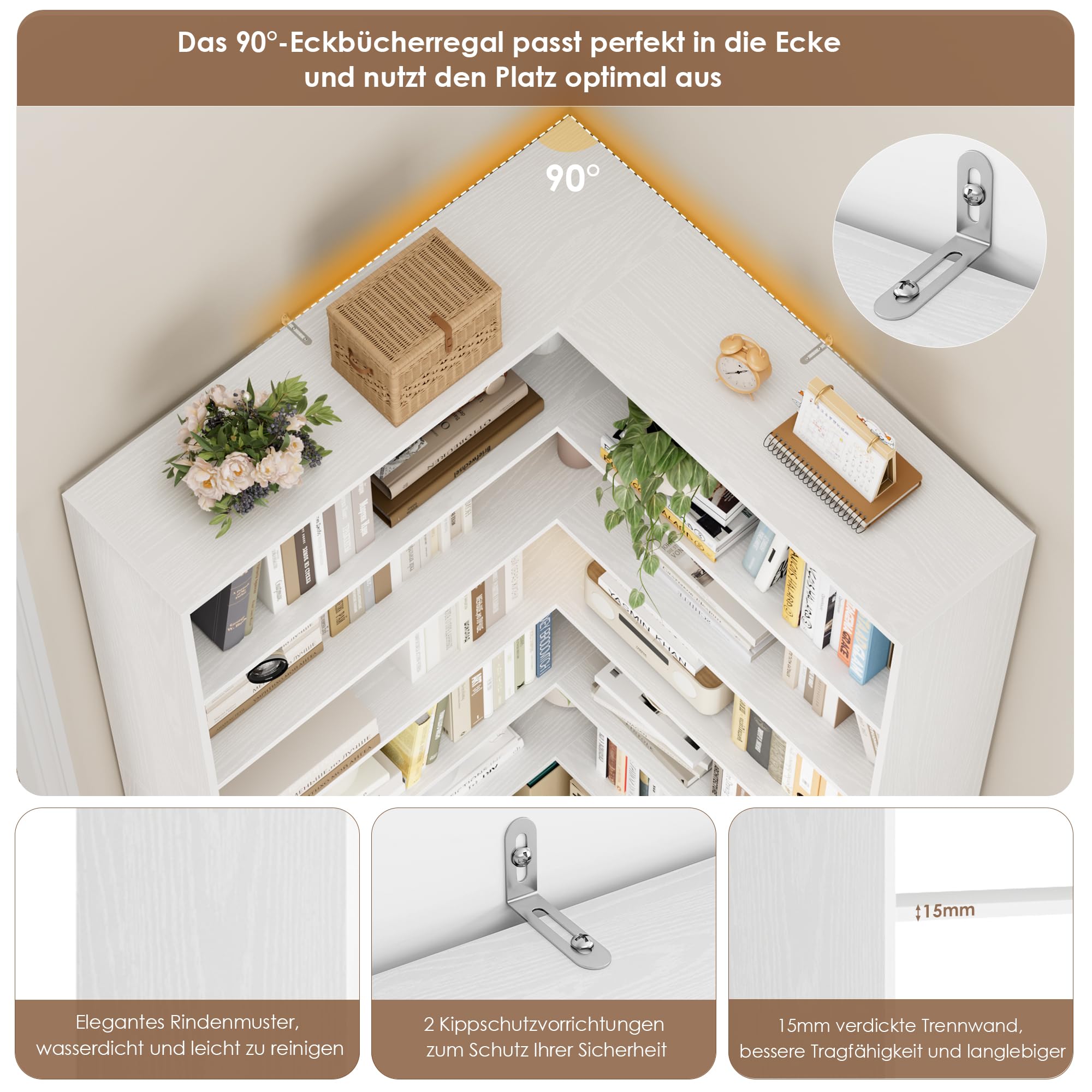 FirFurd Eckregal Bücherregal Eckschrank mit 6 Ebenen 90x90x190,5 cm weiß | Eckbücherregal stehend, L-förmiger Bücherschrank, Eckvitrine, für Arbeitszimmer Wohnzimmer Bibliotheken geeignet