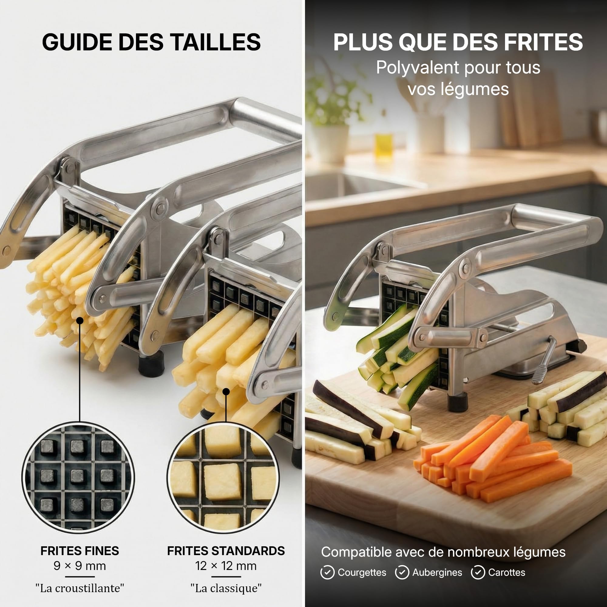 La Bonne Graine - Coupe-frites inox ventouse, frites maison 9-12mm | Frites maison en un geste ; fixation ventouse, inox résistant, 2 grilles 9x9/12x12mm, marque française ; lave-vaisselle