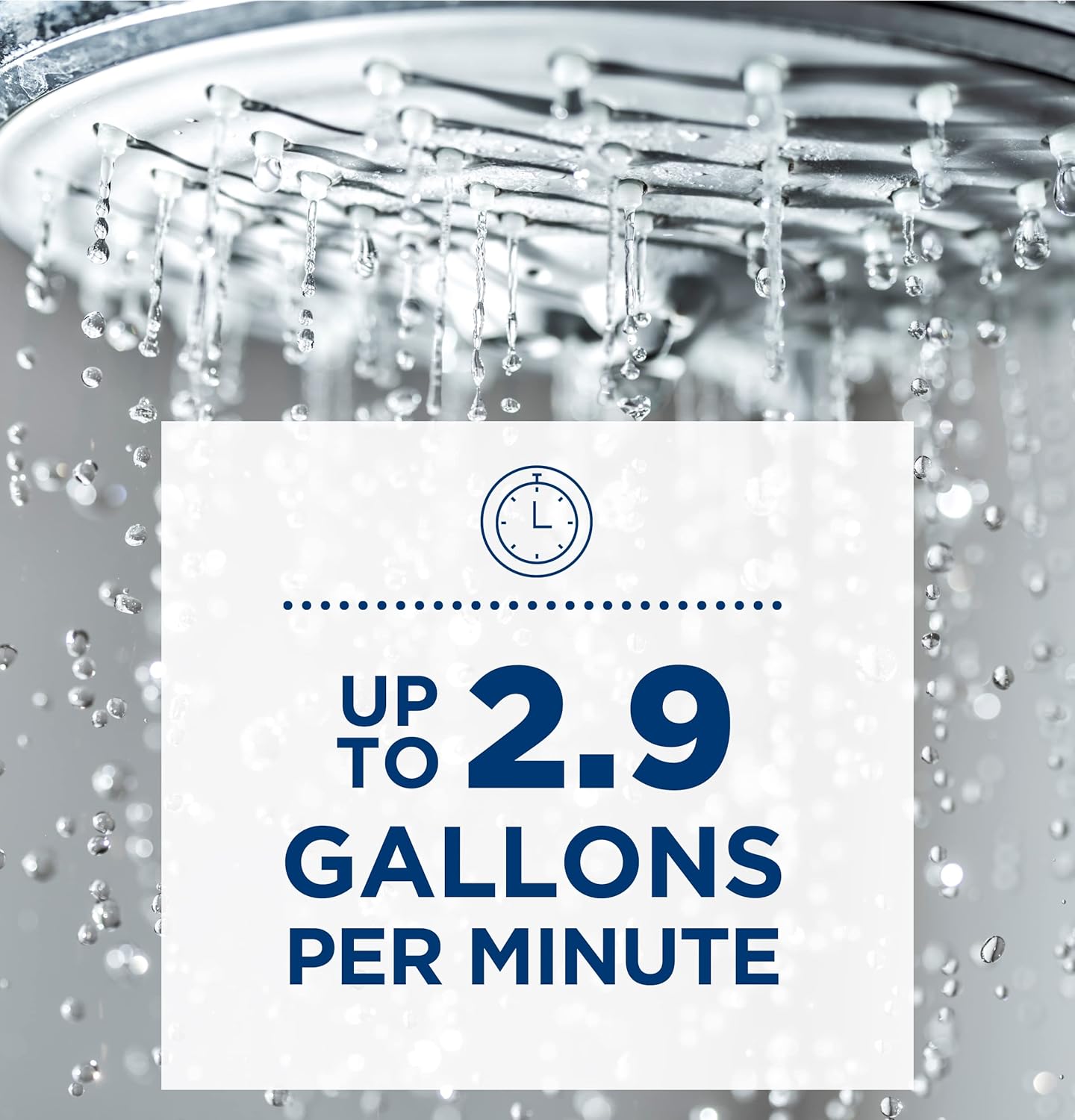 Shower head with water droplets and text 'Up to 2.9 Gallons Per Minute'