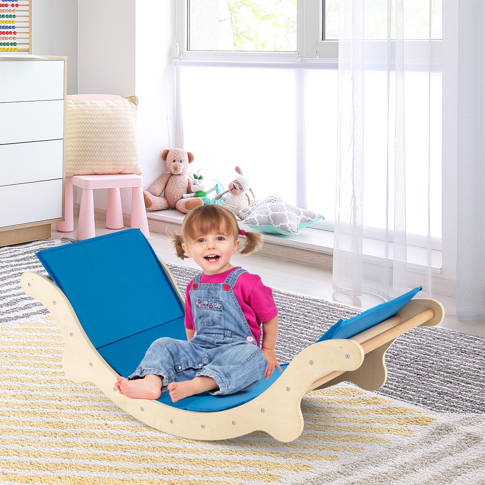 HOMASIS 3-in-1 Kletterbogen mit Rutsche & Wippe, Klettergerüst Indoor mit umkehrbare Rampe & Matte, Kletterdreieck zum Rutschen, Klettern, Schaukeln, für Kinder ab 1 Jahr (Natur, Modell 2)