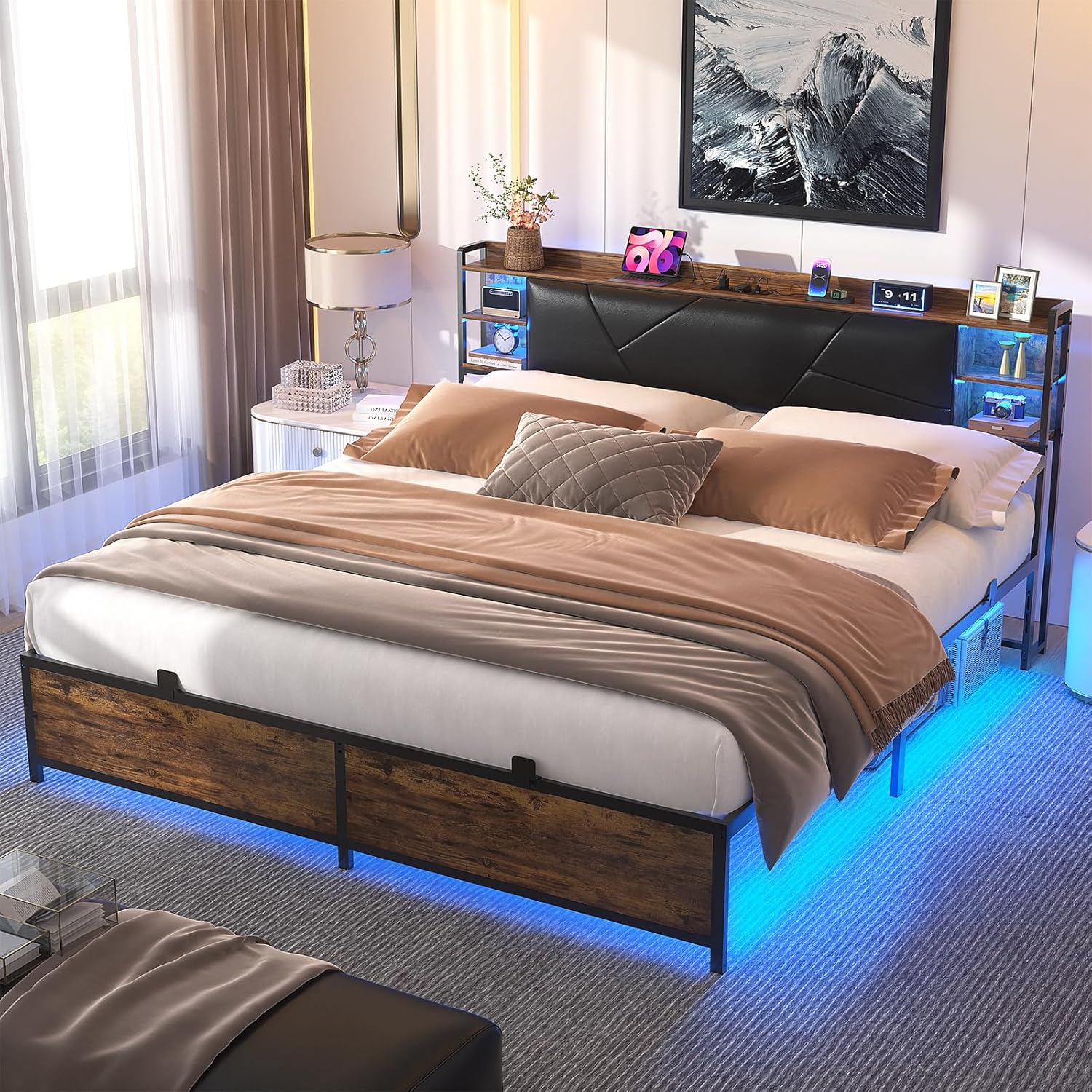 Unikito King Size Bed Frame with Smart RGB LED Lights and Charging Outlets, Sturdy Platform Bed with Upholstered Headboard, Heavy Duty Metal Slats, No Box Spring Needed, Easy Assembly, Vintage Brown