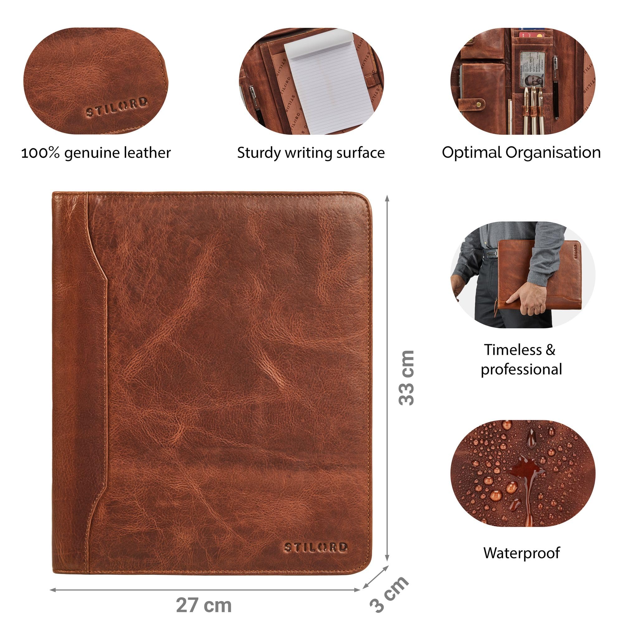STILORD 'Wesley' Elegante Carpeta de Cuero A4 Portadocumentos Cognac con Cremallera - Gran Porta Documentos Piel Autentica Tablet de 13 Pulgadas para Oficina y Reuniones