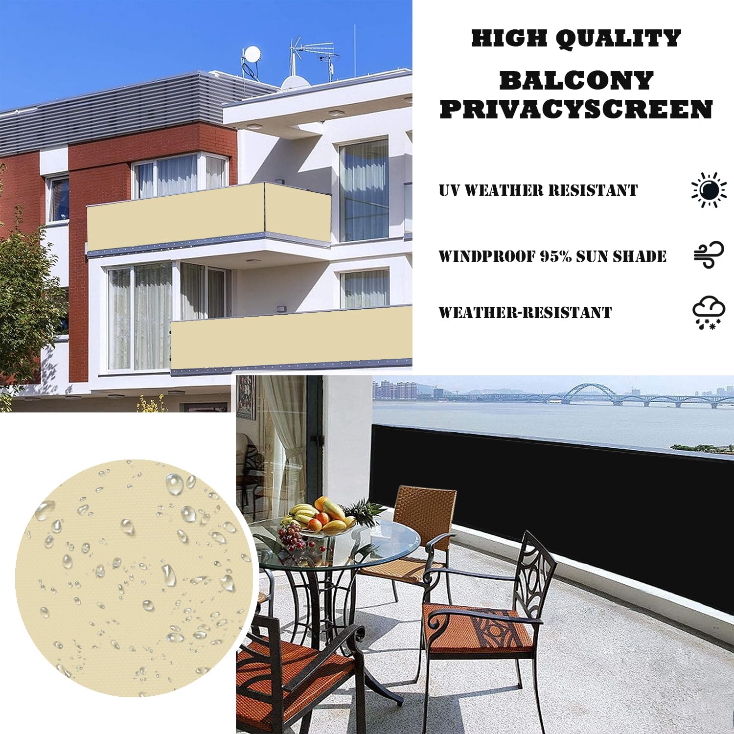 ROBAG Terrassen Sichtschutz 100x1400cm, Sichtschutz Balkonbespannung, 160 g/m², mit Ösen und Kordel für Gartenzaun Balkonzaun - Beige